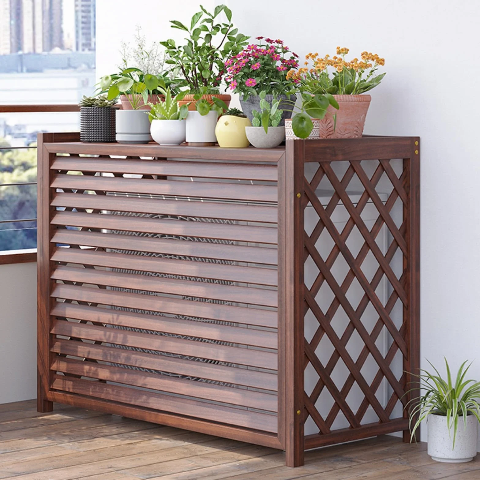 Housse Climatiseur Extérieur Bois Cache Pompe à Chaleur Unité Extérieure 100x44x93cm