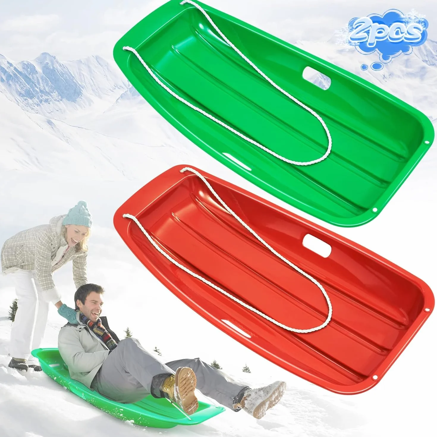 2 pcs Luge à Neige, Traîneau à Neige Haute Performance avec Corde de Traction pour Enfants et Adultes, Traîneau Couleurs Différentes Meilleure Adaptée pour Le Ski, pneus de vélo