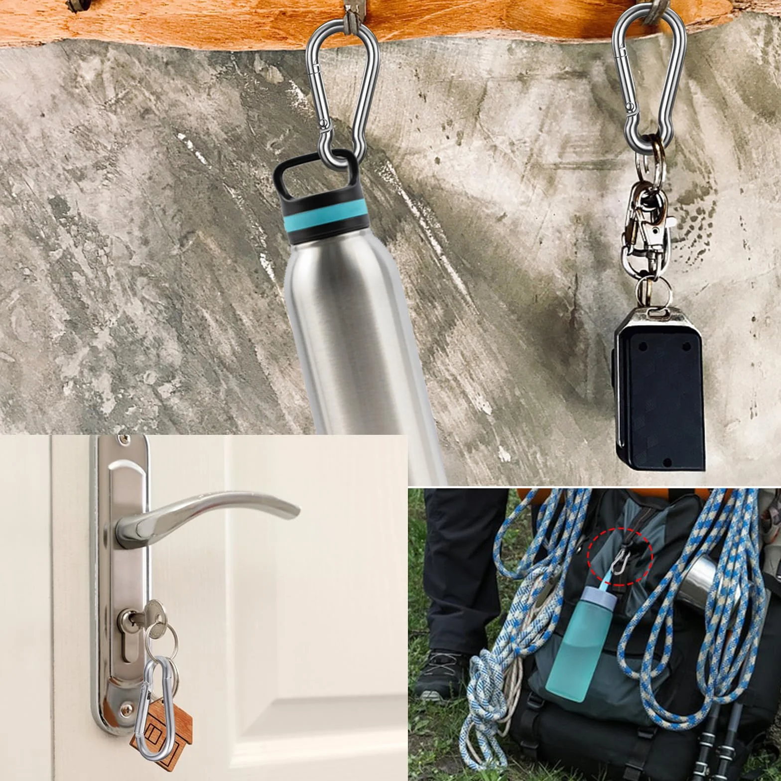 Petit Mousqueton, Mousquetons en Aluminium Porte Clef Mousqueton pour Sac à Dos Laisse Chien Camping Randonnée Pêche Voyage (Argent)