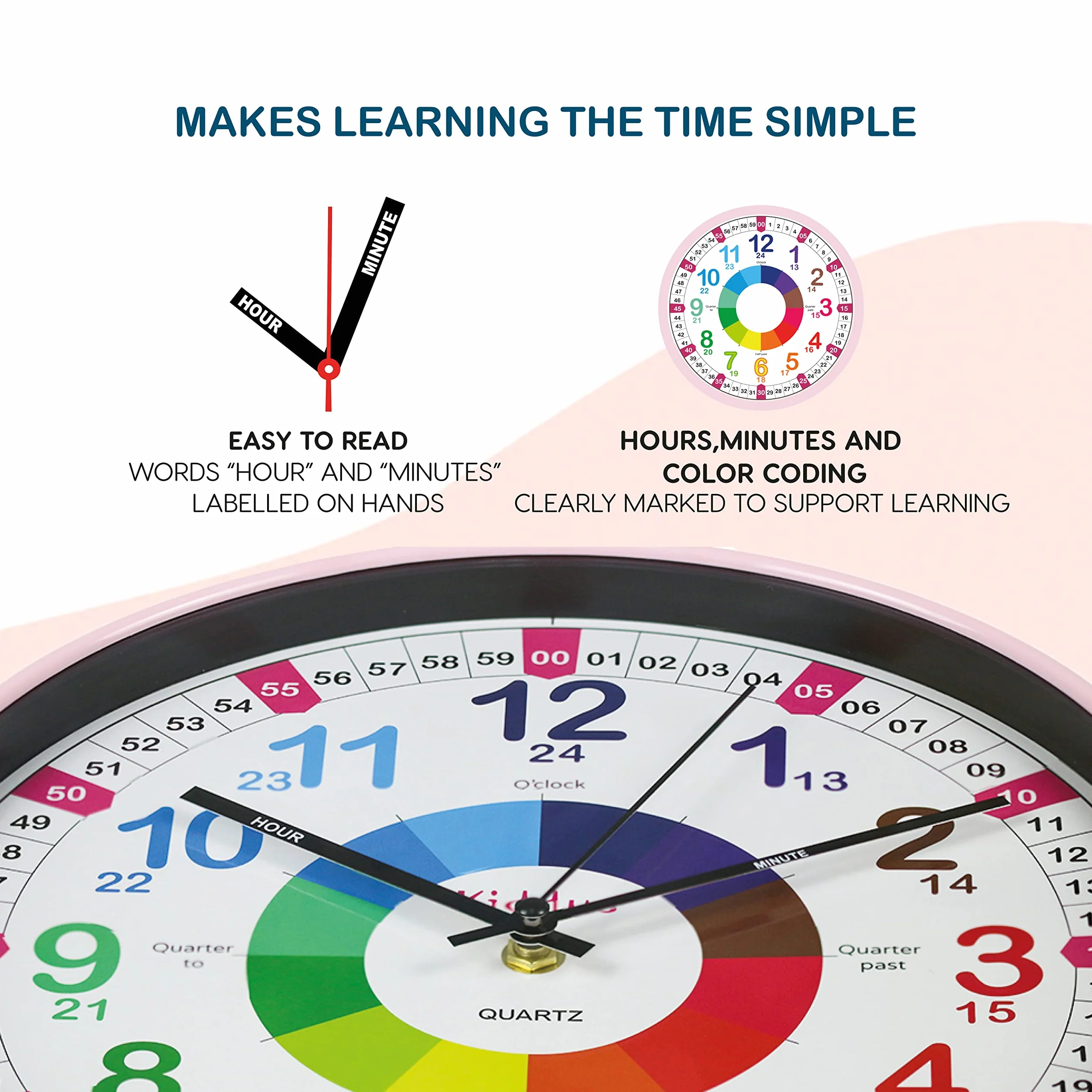 Kiddus Horloge Murale Éducative pour Enfants 30 cm Time Teacher Analogique Quartz Silencieux