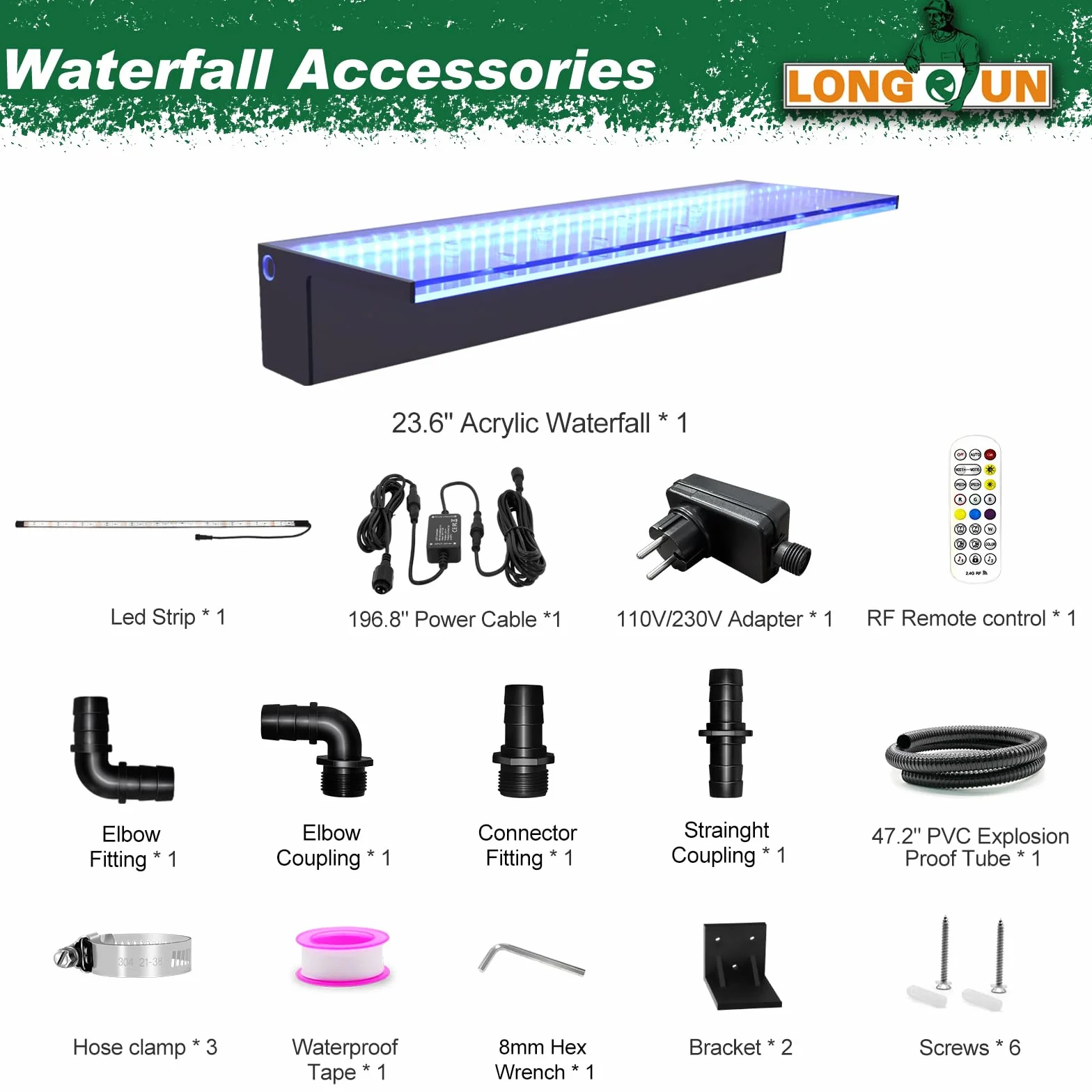 LONGRUN Bluetooth Acryl Pool Fountain 60cm Pond Waterfall Cascade 7 Colors LED Light Waterfall Stream Kits Outdoor