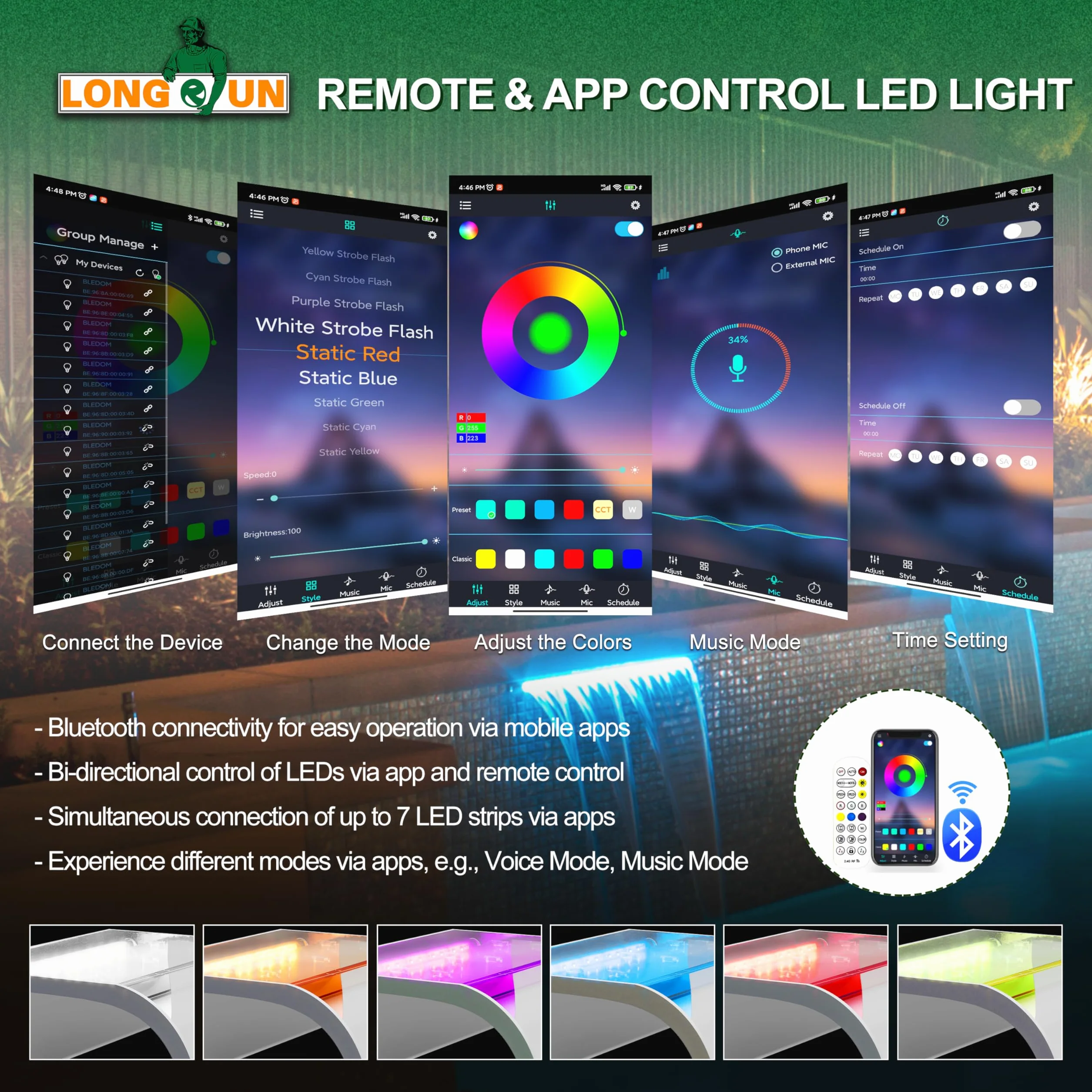 LONGRUN Kit Cascade Bassin 30cm Acrylique incurvée LED Bluetooth 7 Couleurs Télécommande Largeur 26cm