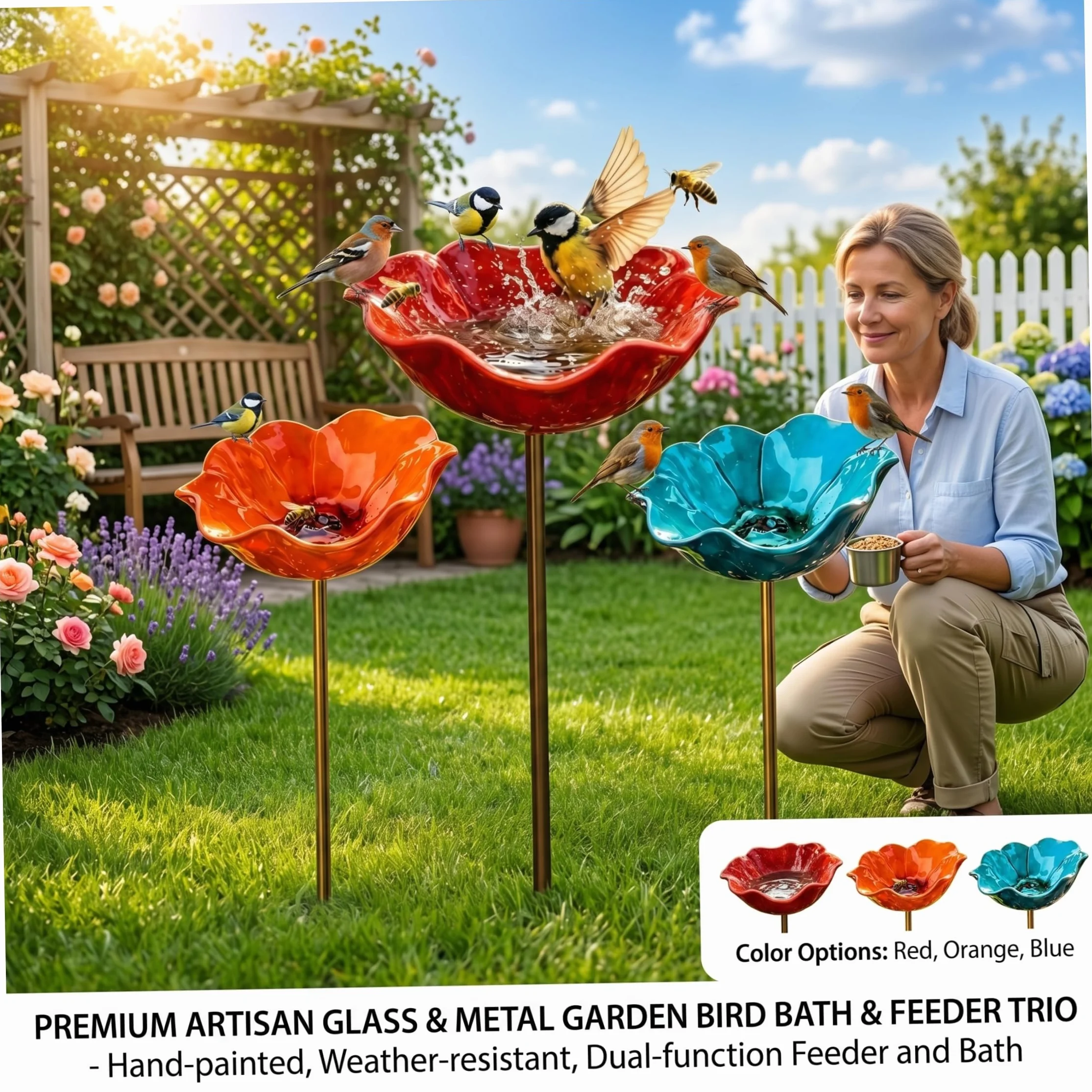 Bains d'oiseaux métal 3 pièces, Mangeoire multifonctionnelle extérieur Bleu Orange Rouge