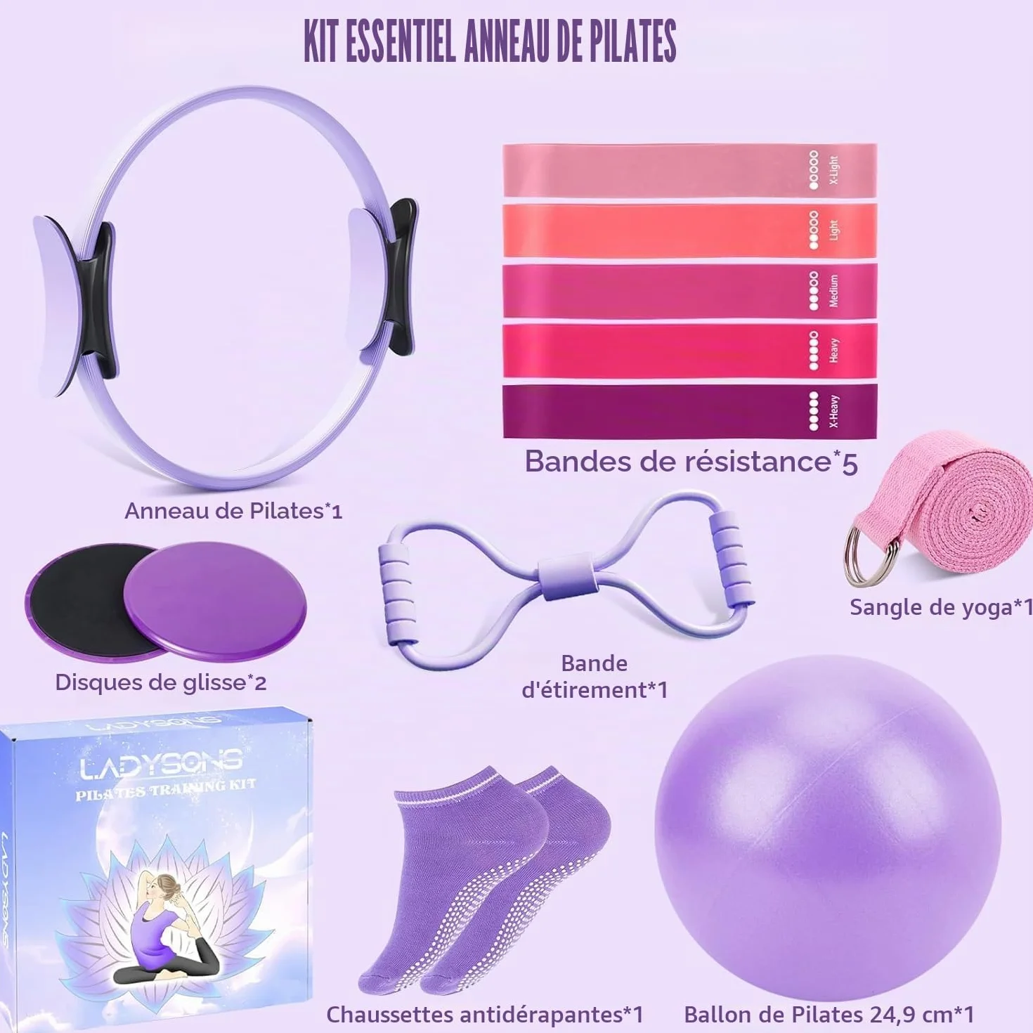 Ensemble de bagues Pilates Essential Kit avec Magic Circle 32 cm, Ball, Bänder, Sliding Disks & Training Poster pour fitness à la maison