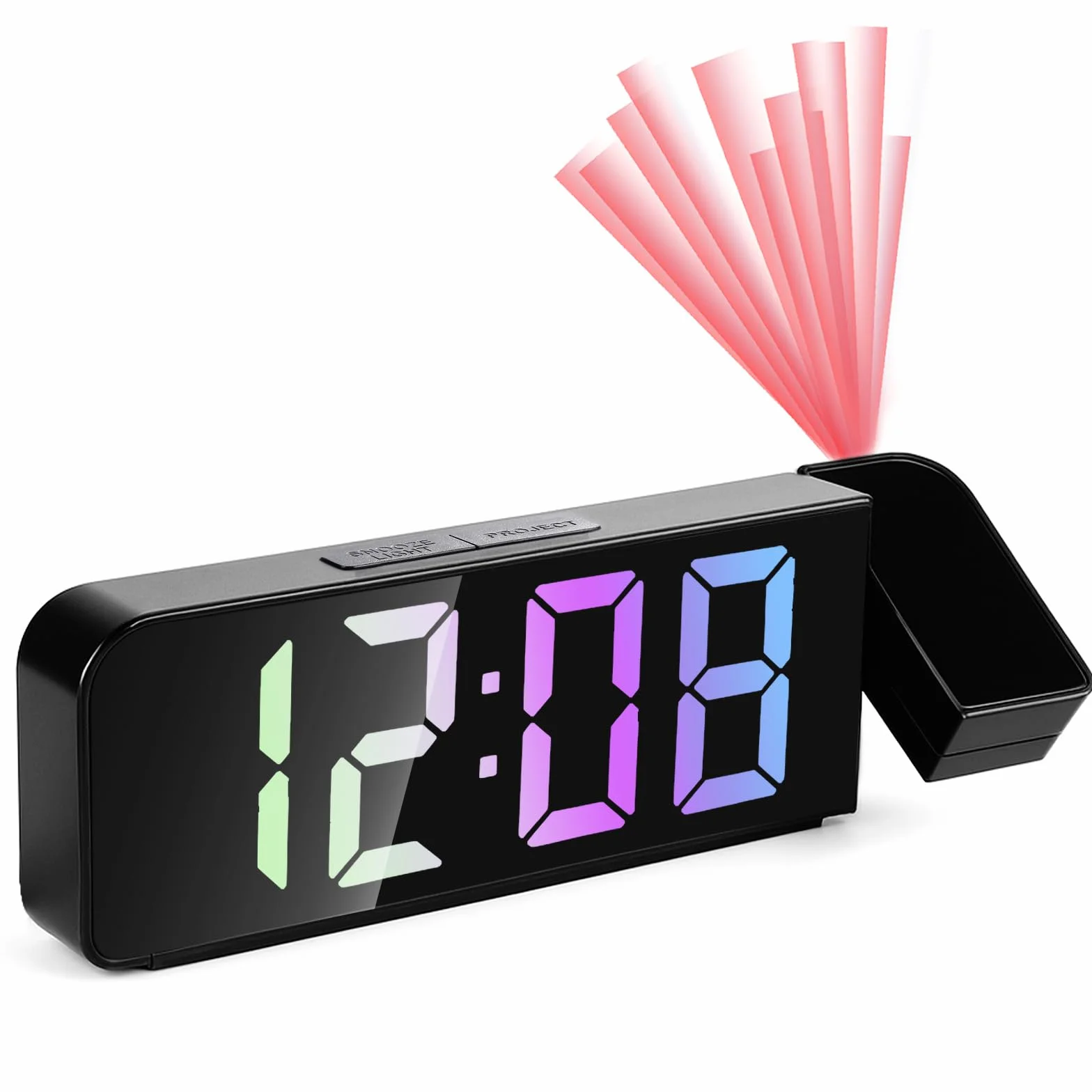 Réveil Projecteur 7,9" LED avec Projection Numérique, Thermomètre, 180° Réglable, Snooze, Mode Nuit