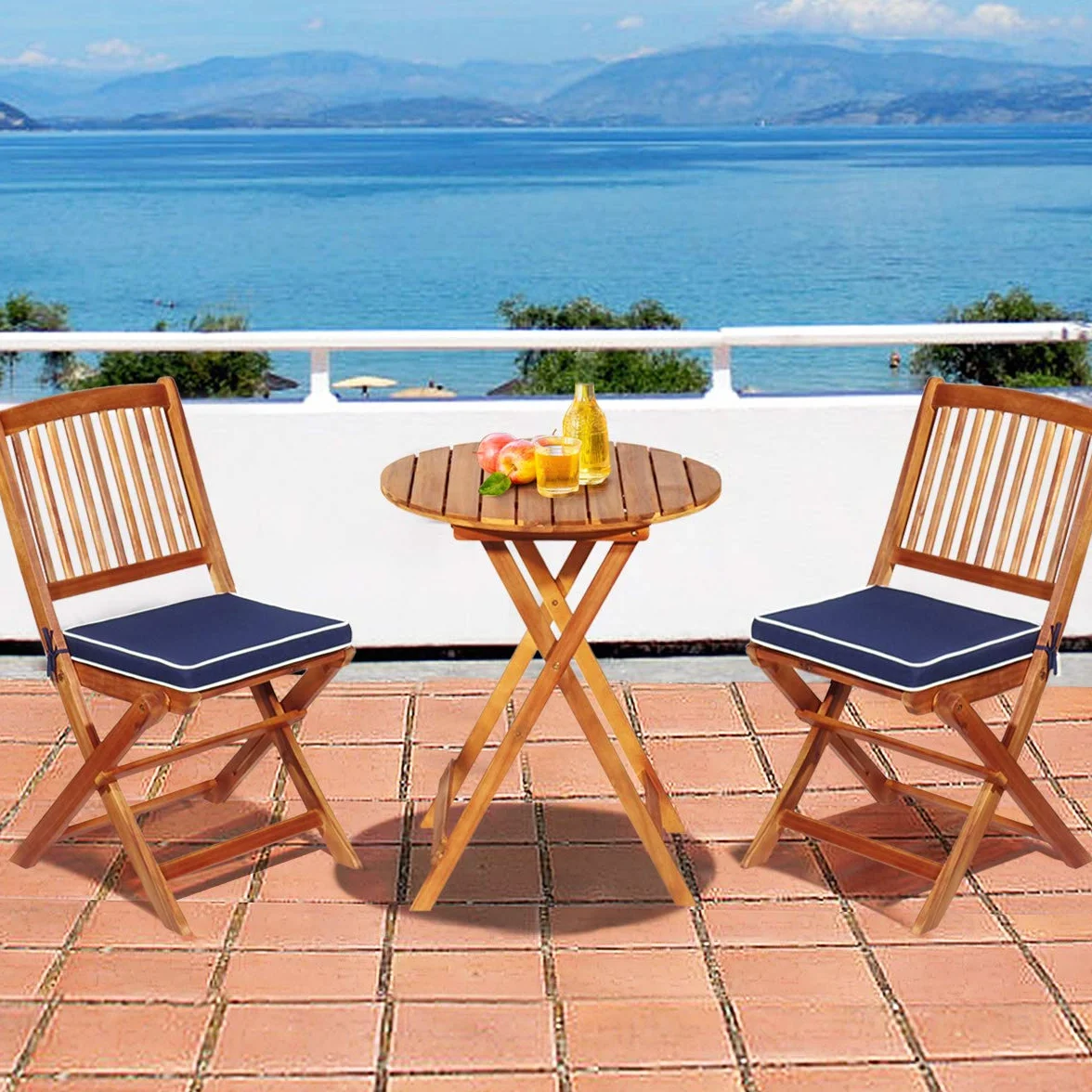 GOPLUS Salon de Jardin 2 Personnes Table Bistrot en Bois Acacia avec 2 Chaises et Coussins Amovibles 3PCS Pliante Terrasse (Bleu)