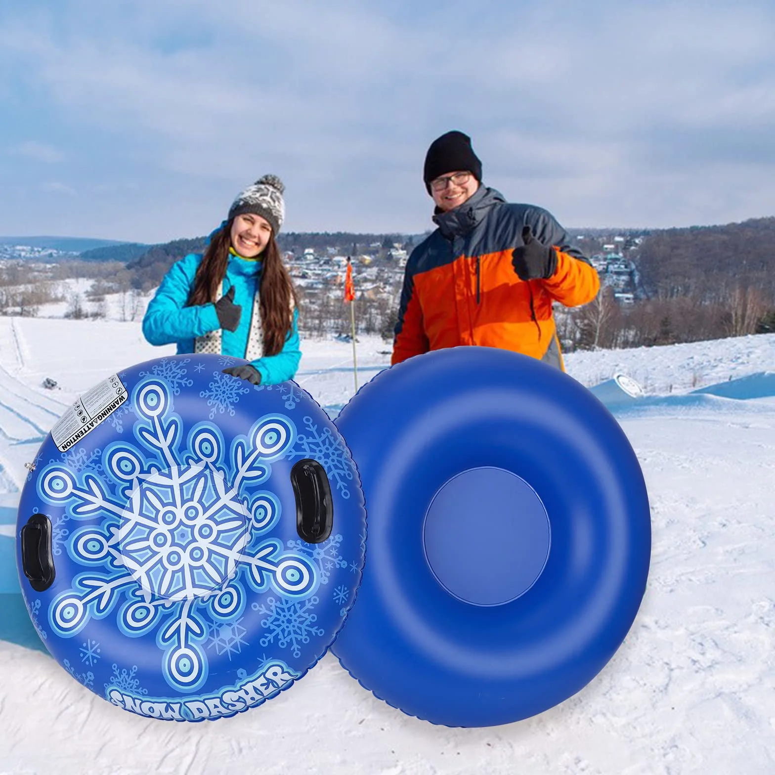 Tube de Neige Luge Gonflable Robuste 90 cm Tube de Neige Gonflable en PVC Tube de Ski Gonflable pour Adultes Anneau de Ski Gonflable Bleu avec poignées Jeux de Sport d'hiver en Plein air Ski Luge