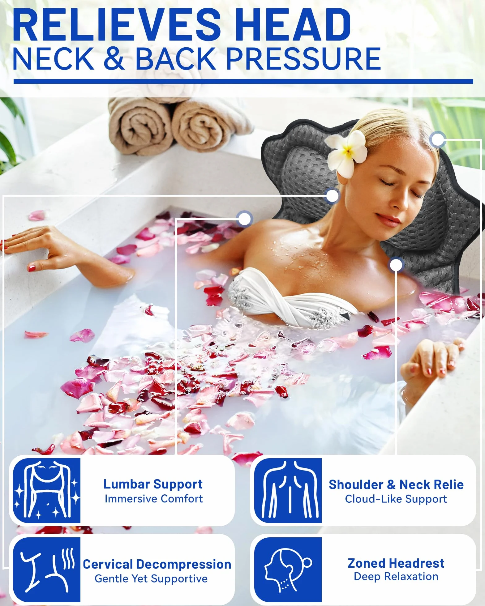 Oreiller de Bain Coussin de Baignoire Technologie 4D Air Mesh 6 Ventouses Puissantes
