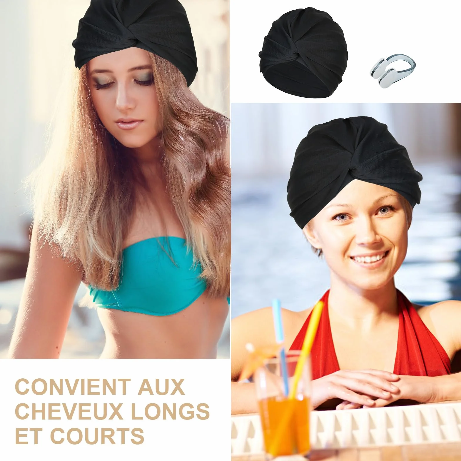 Bonnet de Bain Piscine Femme Tissu Extensible Cheveux Long Adulte