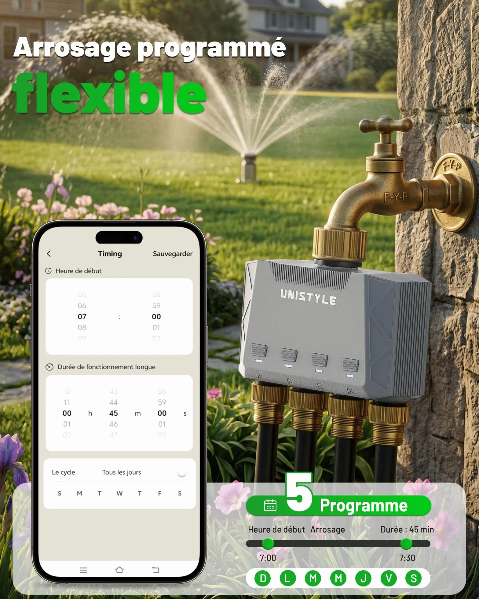 Programmateur Arrosage Connecté WiFi 4 Voies Unistyle – Contrôle via App 5 Programmes Jardin Automatique