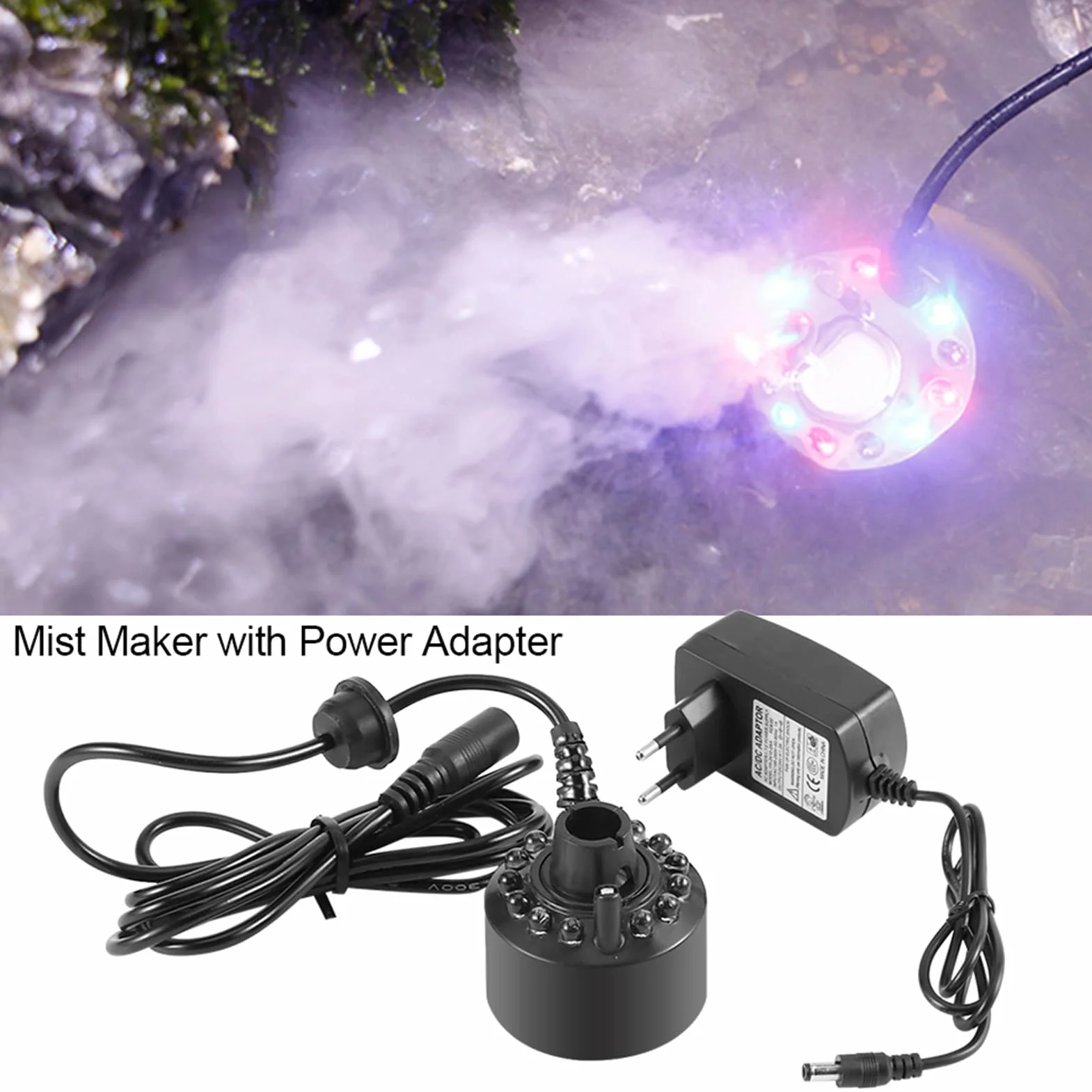 Tbest Brumisateur Ultrason 12LED Coloré Pour Fontaine D'Eau Étang Avec Adaptateur Secteur 110