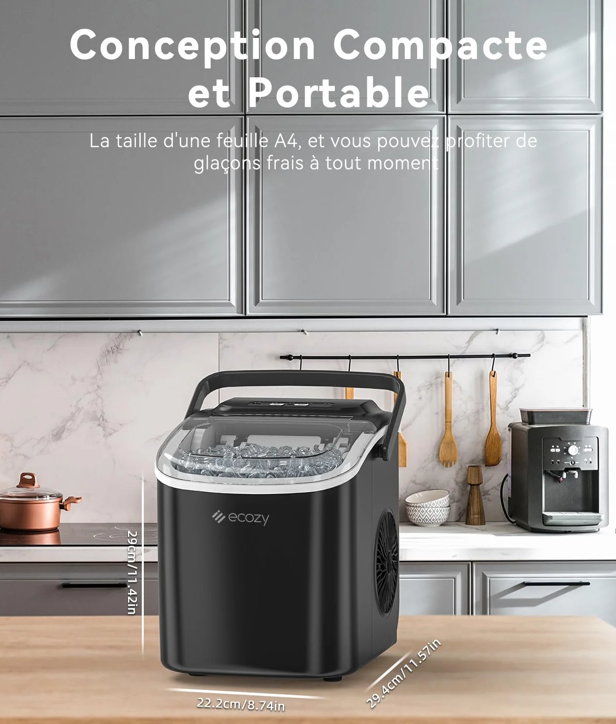 ecozy Machine à Glaçons Autonettoyante Portable, 12kg/24h, 9 Glaçons en 6 Minutes, 2 Tailles, Noir