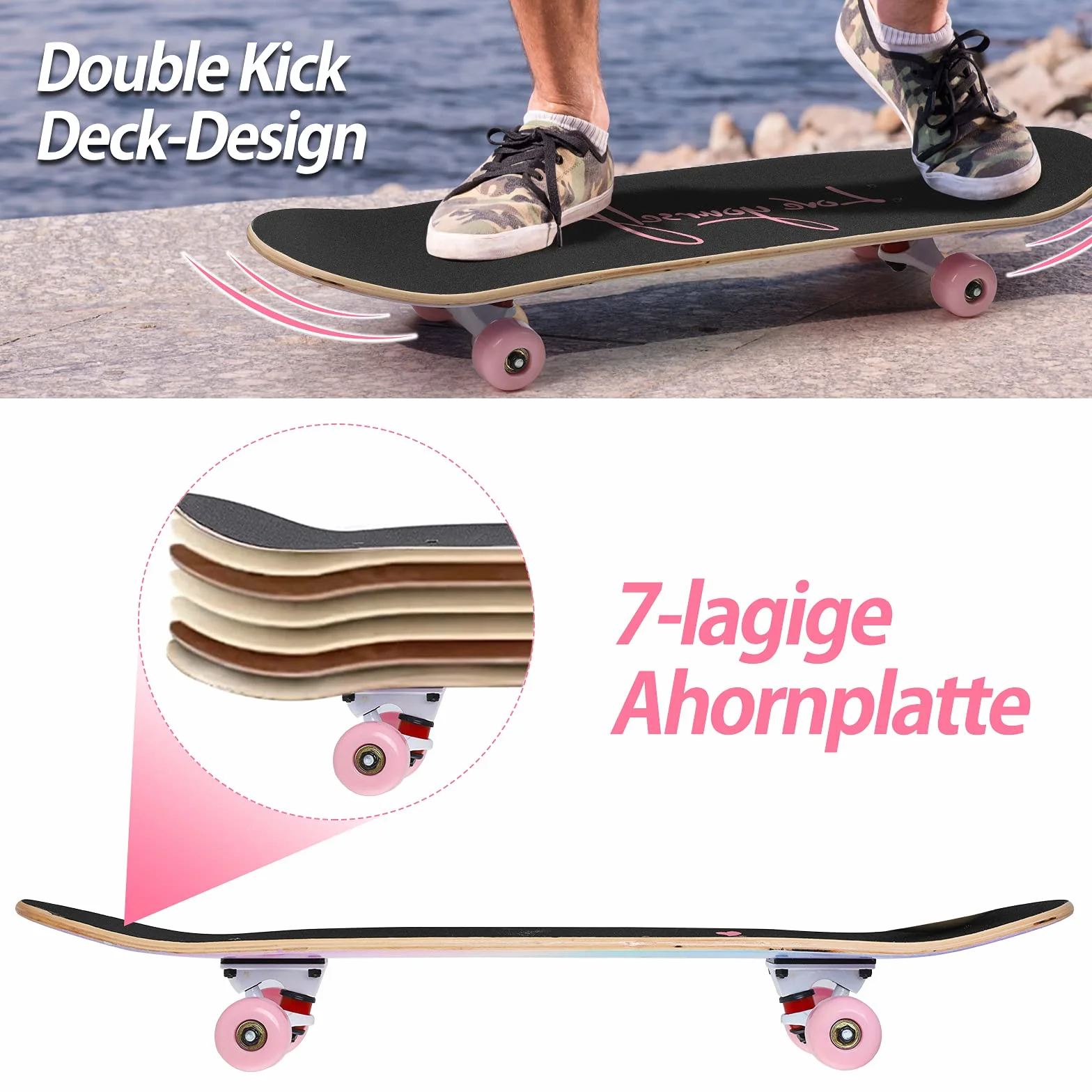 Skateboard Ado Fille Enfant Adulte débutants- 7 Couches en Bois d'Erable Plateau 80 x 20cm Apporter Sac Skateboard - Poudre Arc-en-Ciel