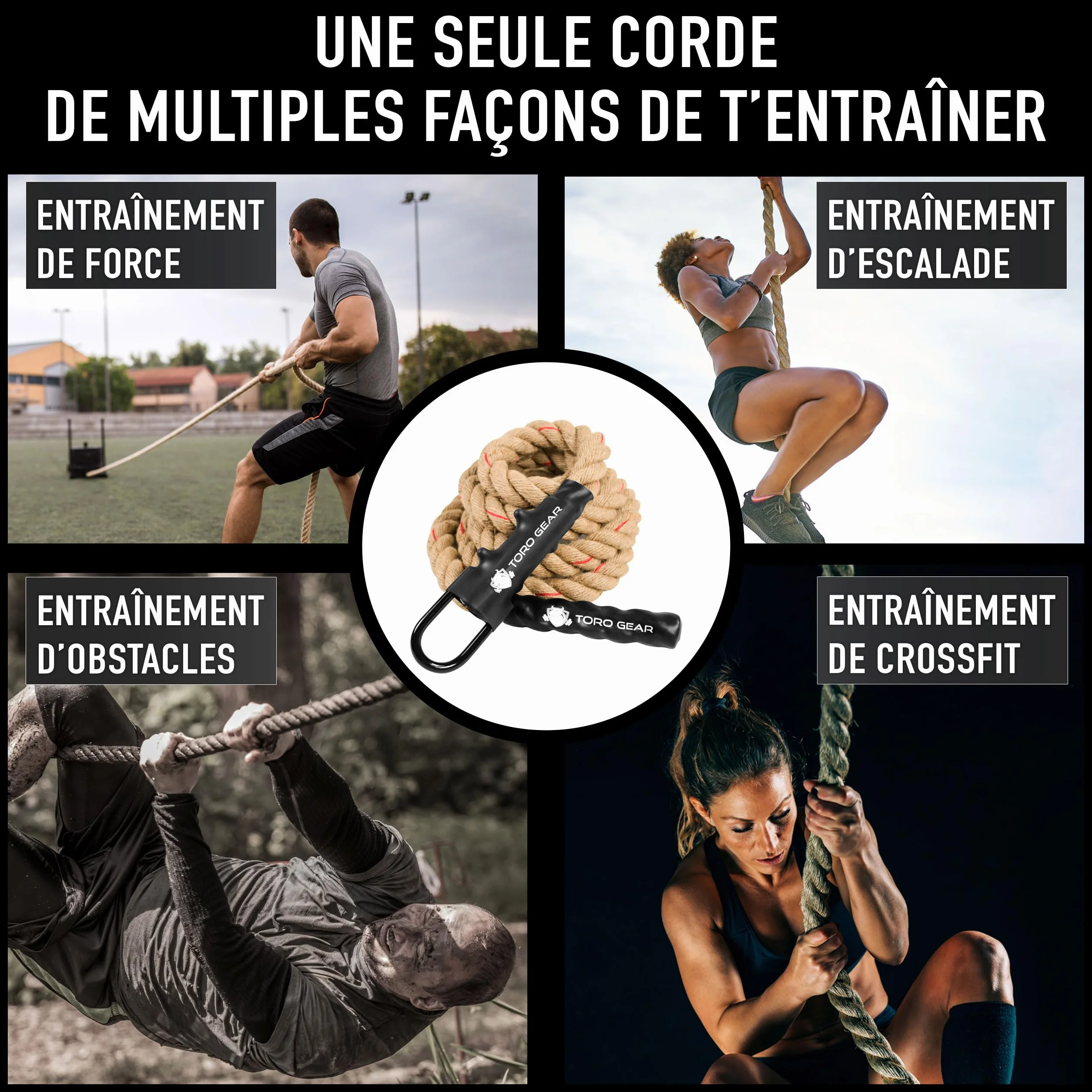 Corde à Grimper en Jute 38 mm, 3-6 m avec Mousqueton pour Crossfit et Pompiers