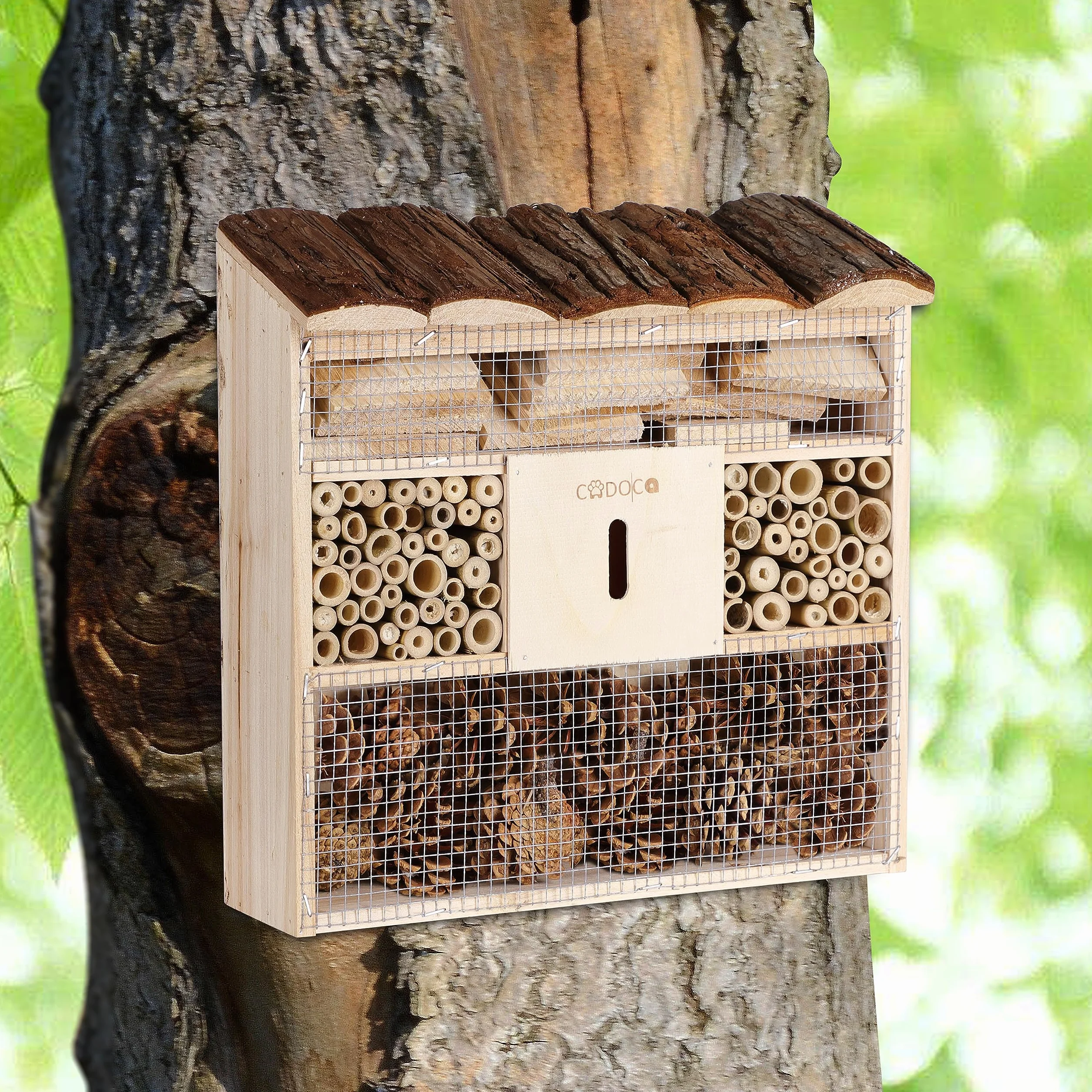 CADOCA® 2X Hôtel à Insectes en Bois Naturel 30,5x31 cm Nichoir à Abeilles Hivernage Pollinisation