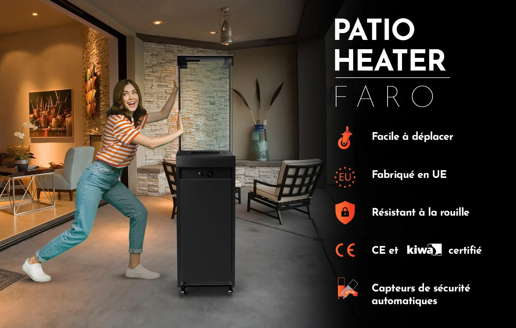 Planika Faro Foyer Décoratif Cheminée Jardin Chauffage Terrasse Gaz Propane 8kW Noir Portable