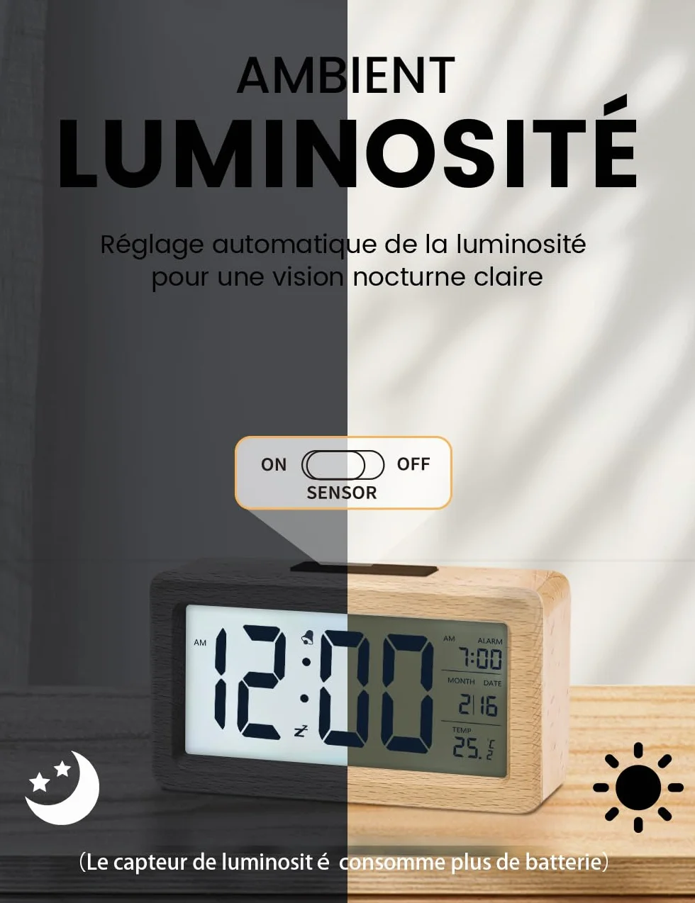 aboveClock Réveil Numérique en Bois avec LCD, Date, Température, Snooze, Alimenté par Piles AAA