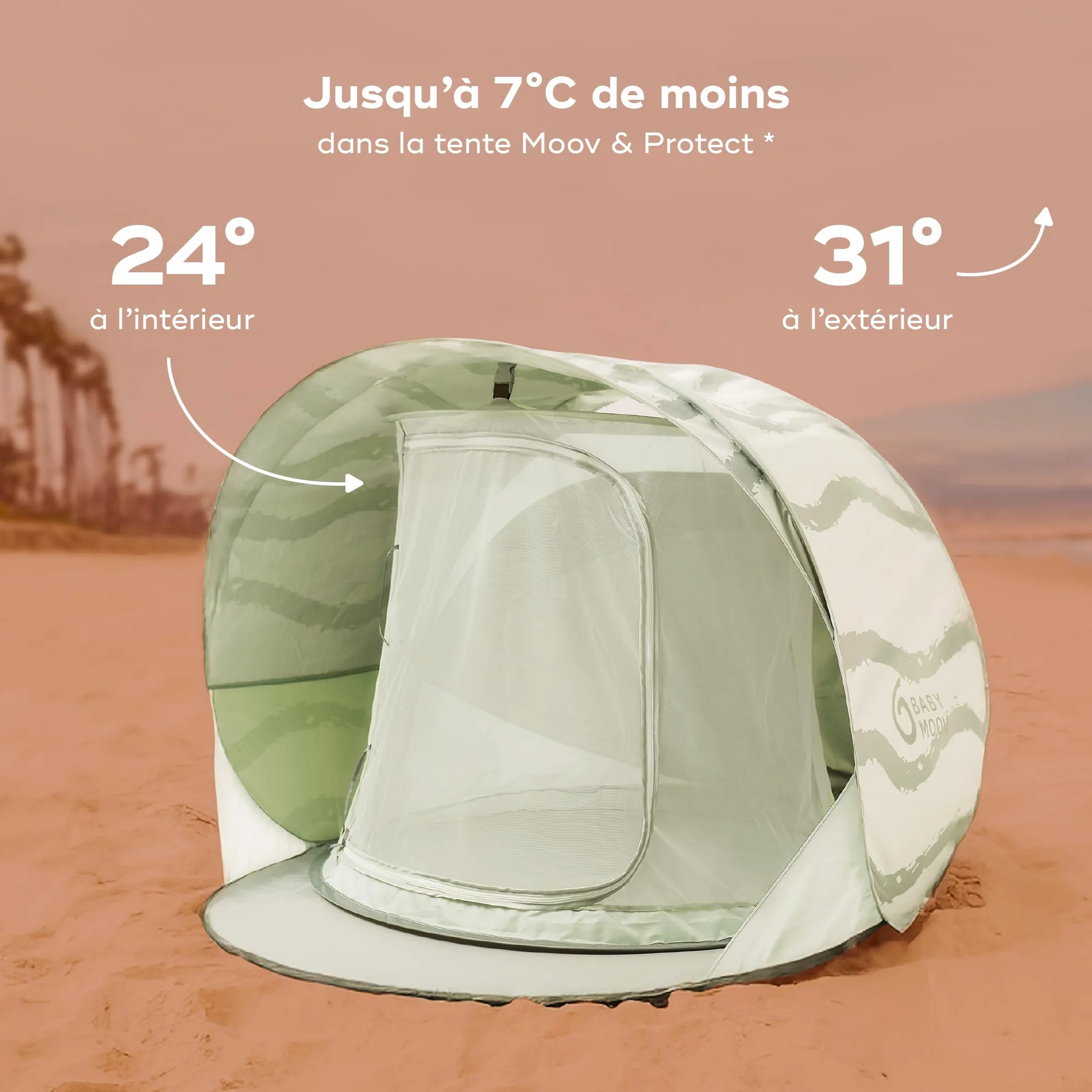 Babymoov Tente Anti-UV Bébé Rafraichissante Moov & Protect - Haute protection Anti-UV UPF 50+ - Système Pop Up - Grande Tente de plage - Moustiquaire à Maille Fine, Green Lagoon