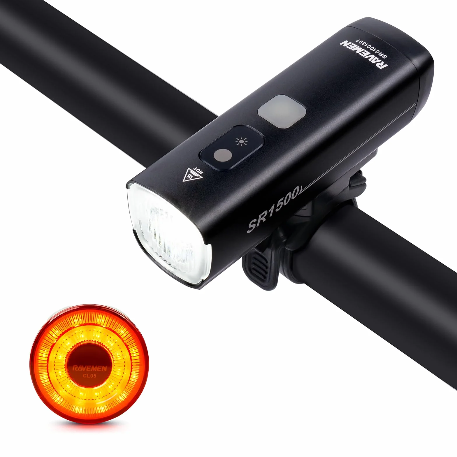 RAVEMEN SR1500 Kit de Feux Avant et Arrière pour Vélo,Combinaisons de Phares Avant et Arrière Intelligents de 1500 Lumens Rechargeable par USB C pour Le Cyclisme sur Route, en Montagne et en Ville