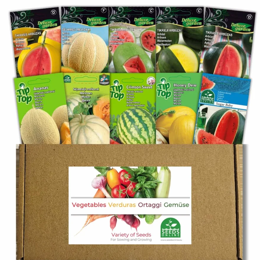 Nojaus Collection de graines de pastèques et de melons 10 variétés Sugar Baby Crimson Sweet Honey Dew Cantaloupe