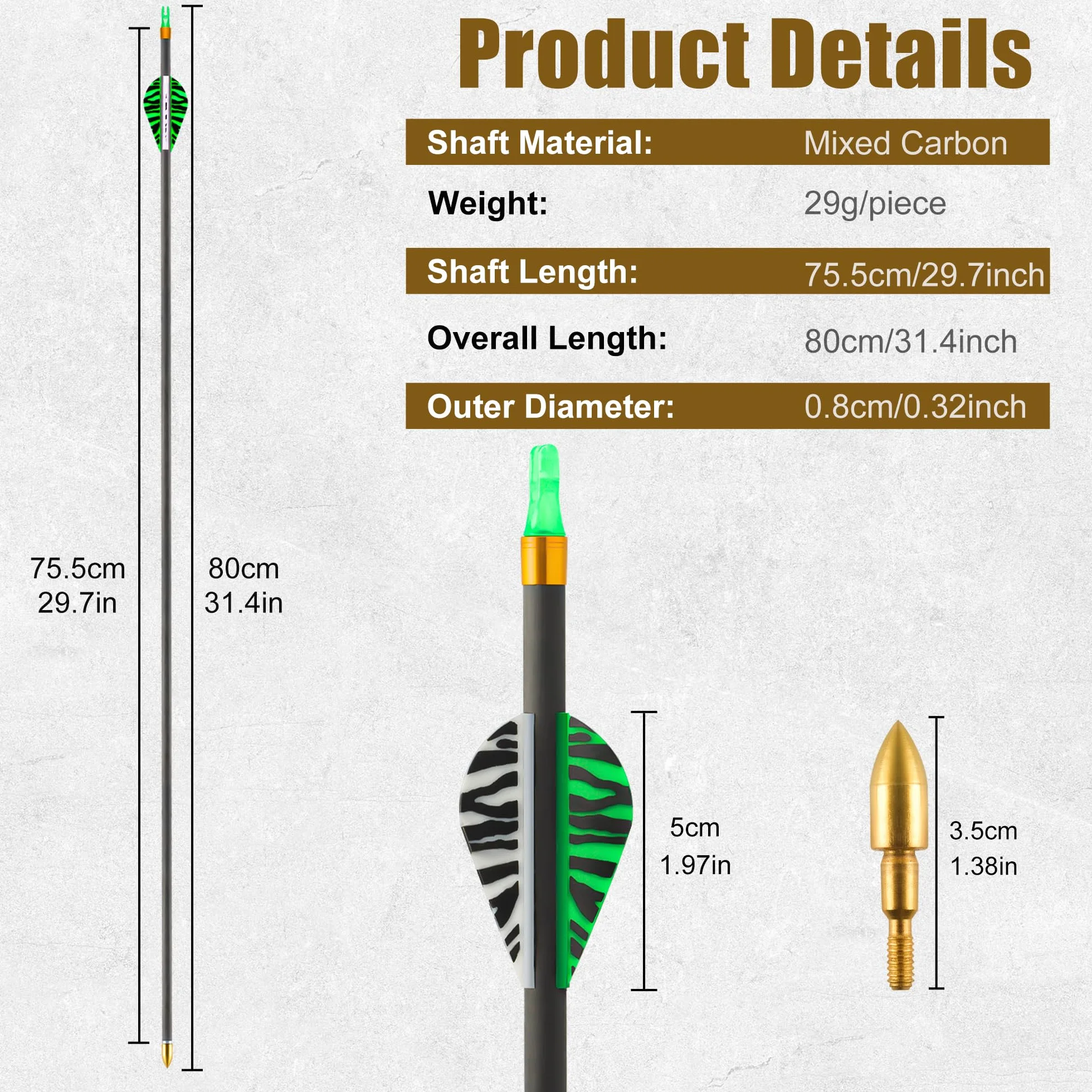 Flèches Carbone 80cm Chasse Cible Pointes Amovibles Arc Composite Recourbé Lot 12