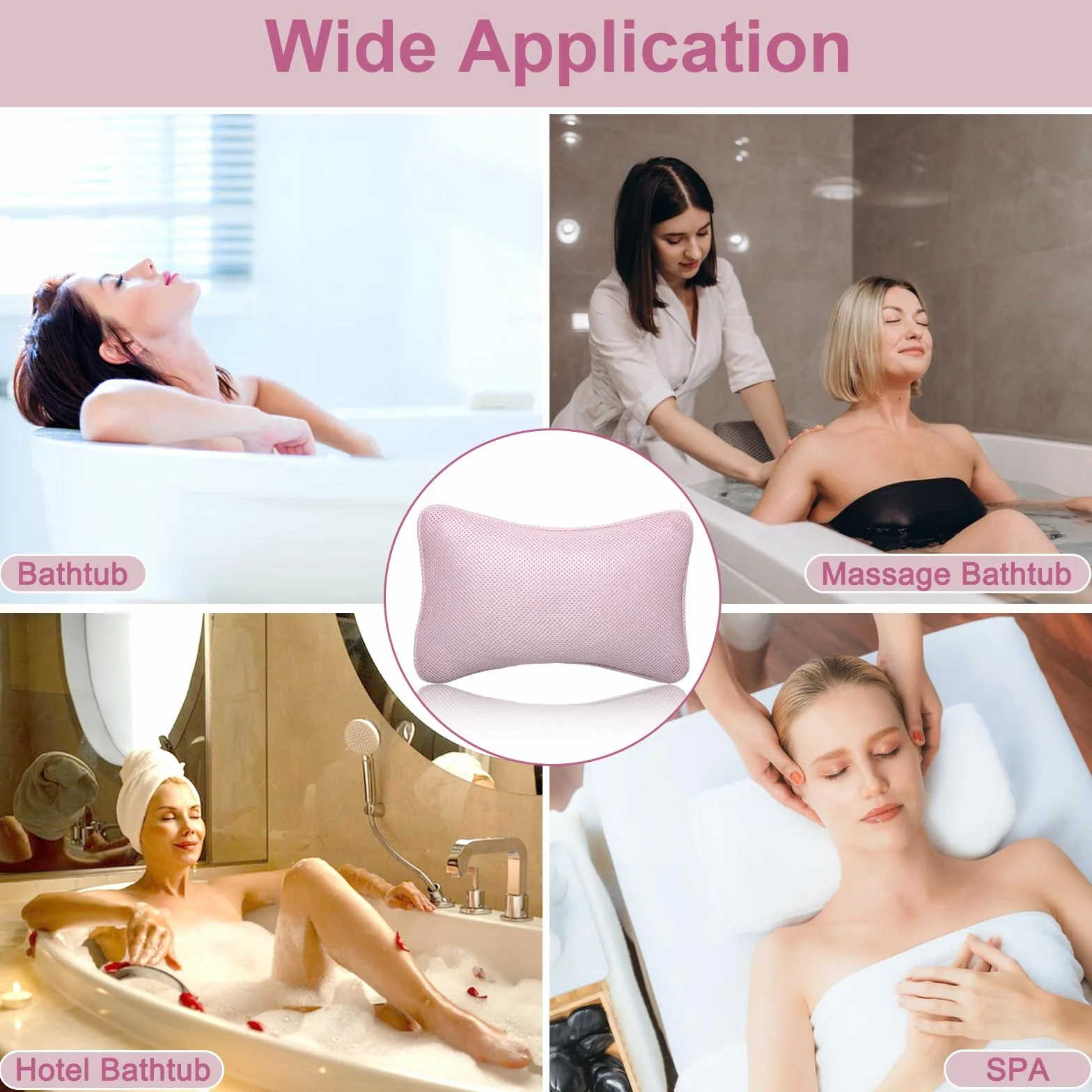 Oreiller de Bain Antidérapant avec Ventouse Ergonomique pour Nuque Rose