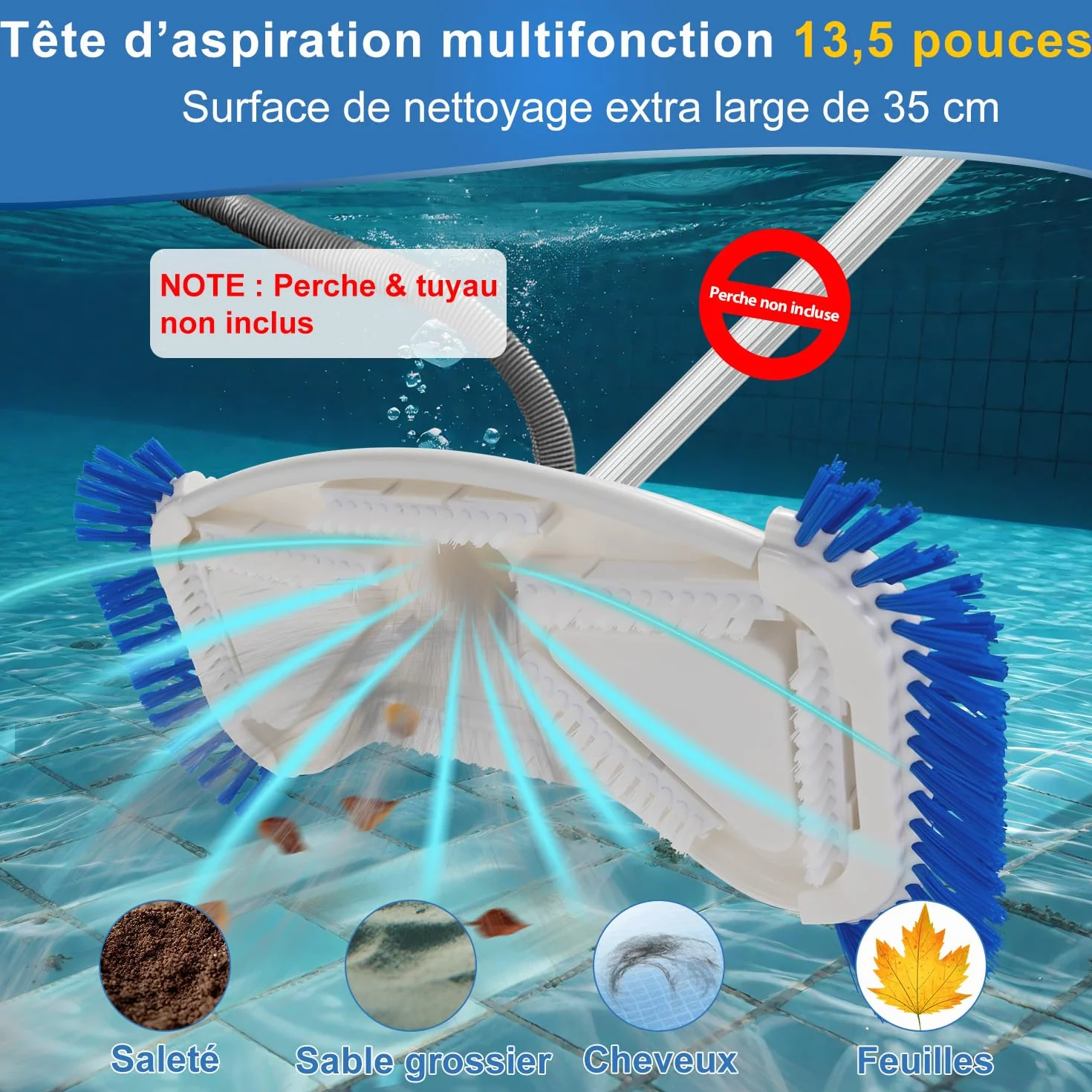 Brosse de Piscine avec Raccord d'Aspiration 35 cm, Tête d'Aspirateur de Fond, Raccord Rotatif 32-38 mm