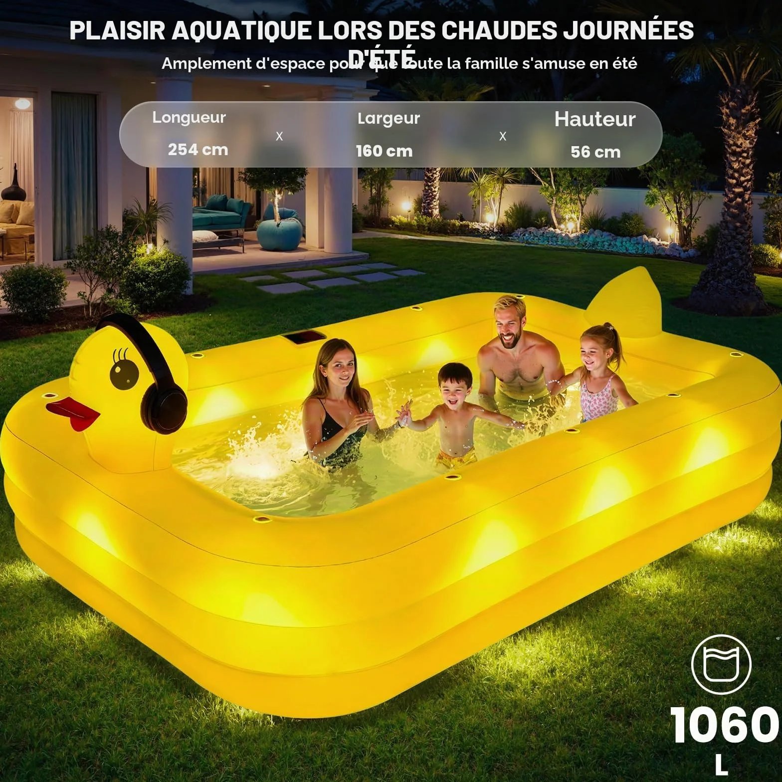 KingSom Piscine Gonflable Rectangulaire avec Lumières Solaire 254 x 160 x 56 cm