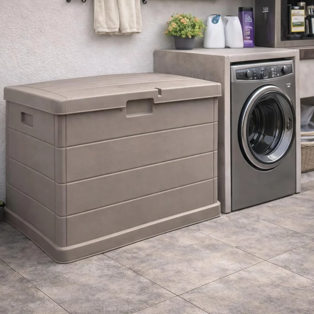 Baule Cassapanca Multi-usage 170LT Extérieur Intérieur Effet Bois Résine Taupe Conteneur Stockage