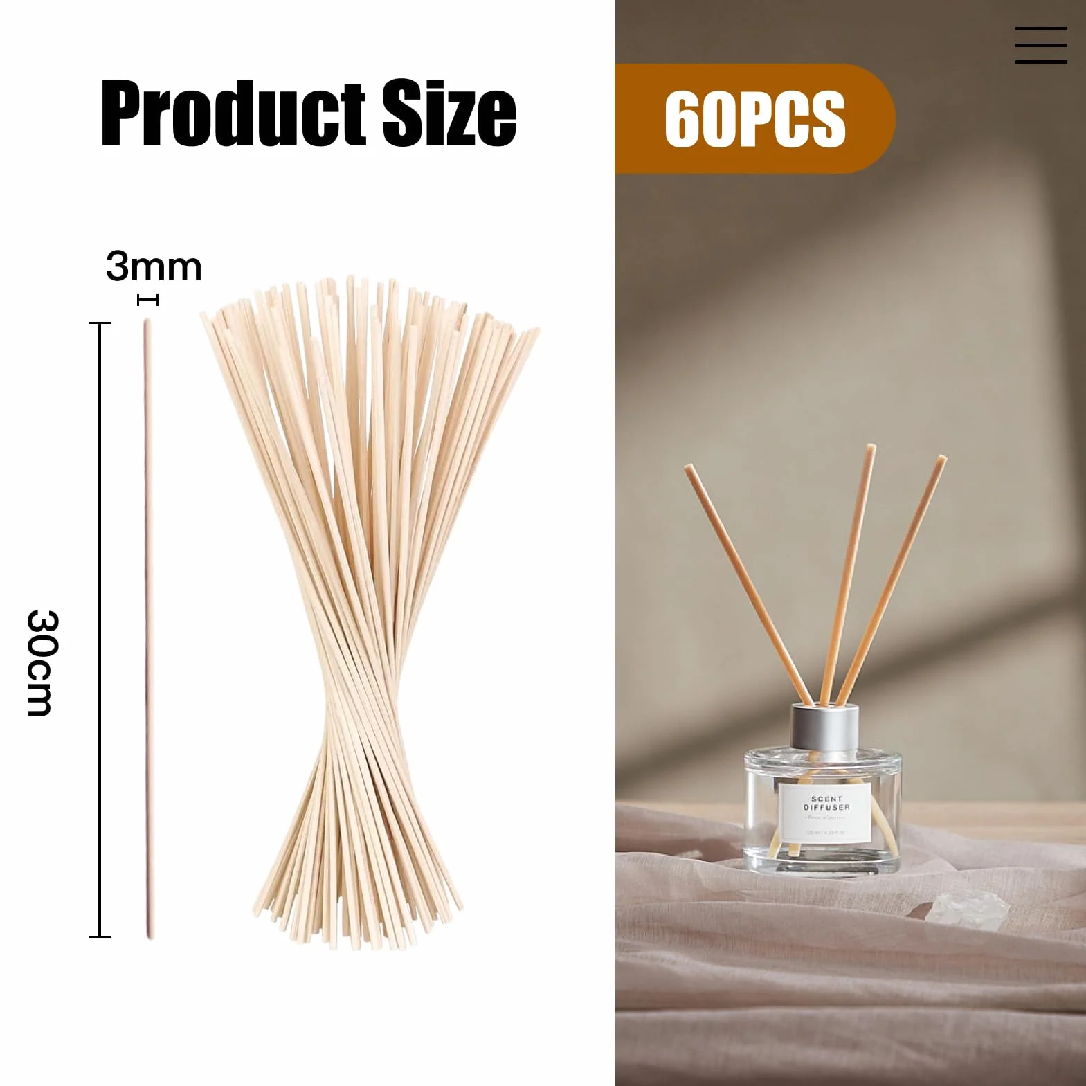 Bâton Reed Diffuseur 30cm*3mm 60 Pièces pour Cuisine, Bain, Salon - Senteur Maison