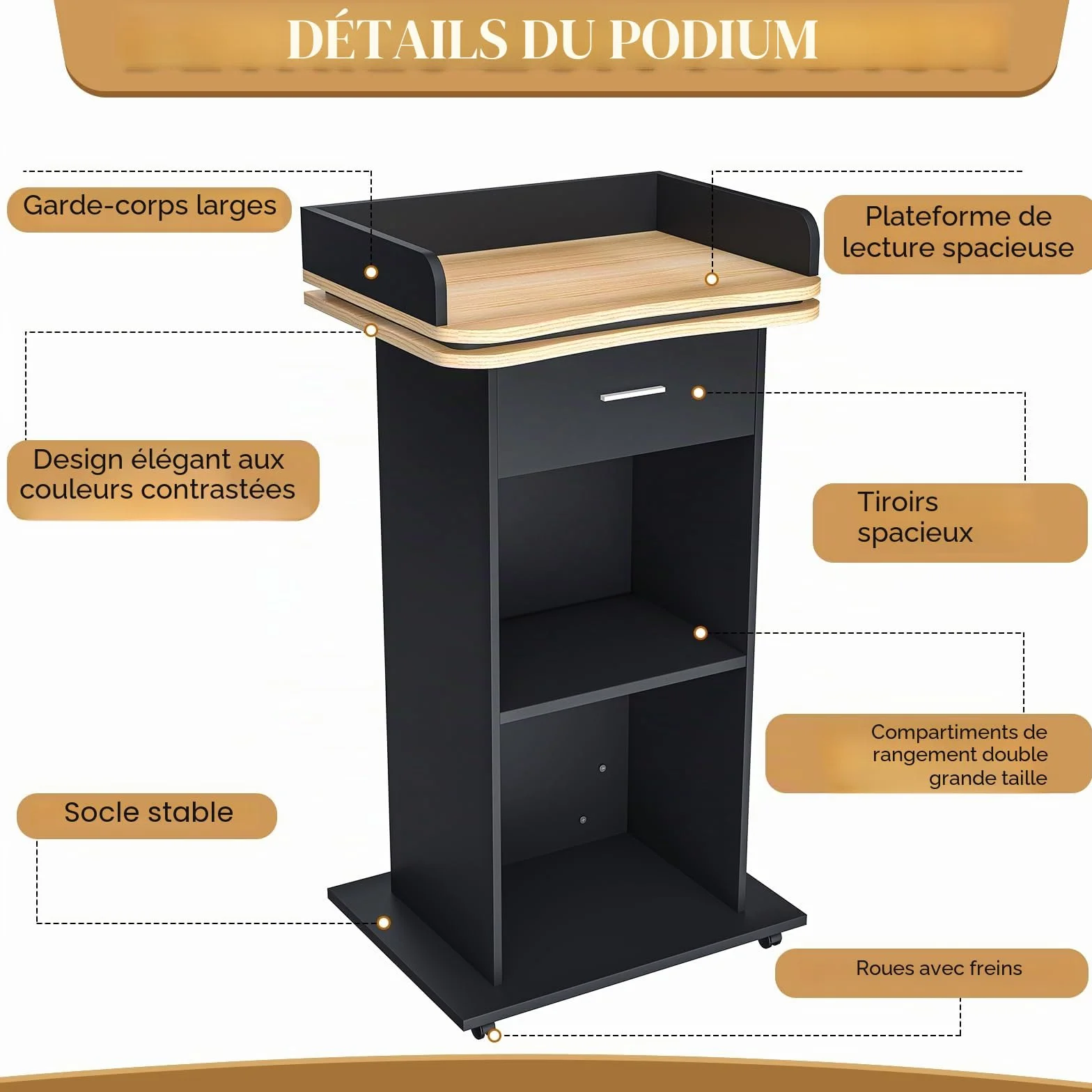 Podium en bois massif premium avec tiroir extensible, roues et compartiment double couche pour église, conférence, école