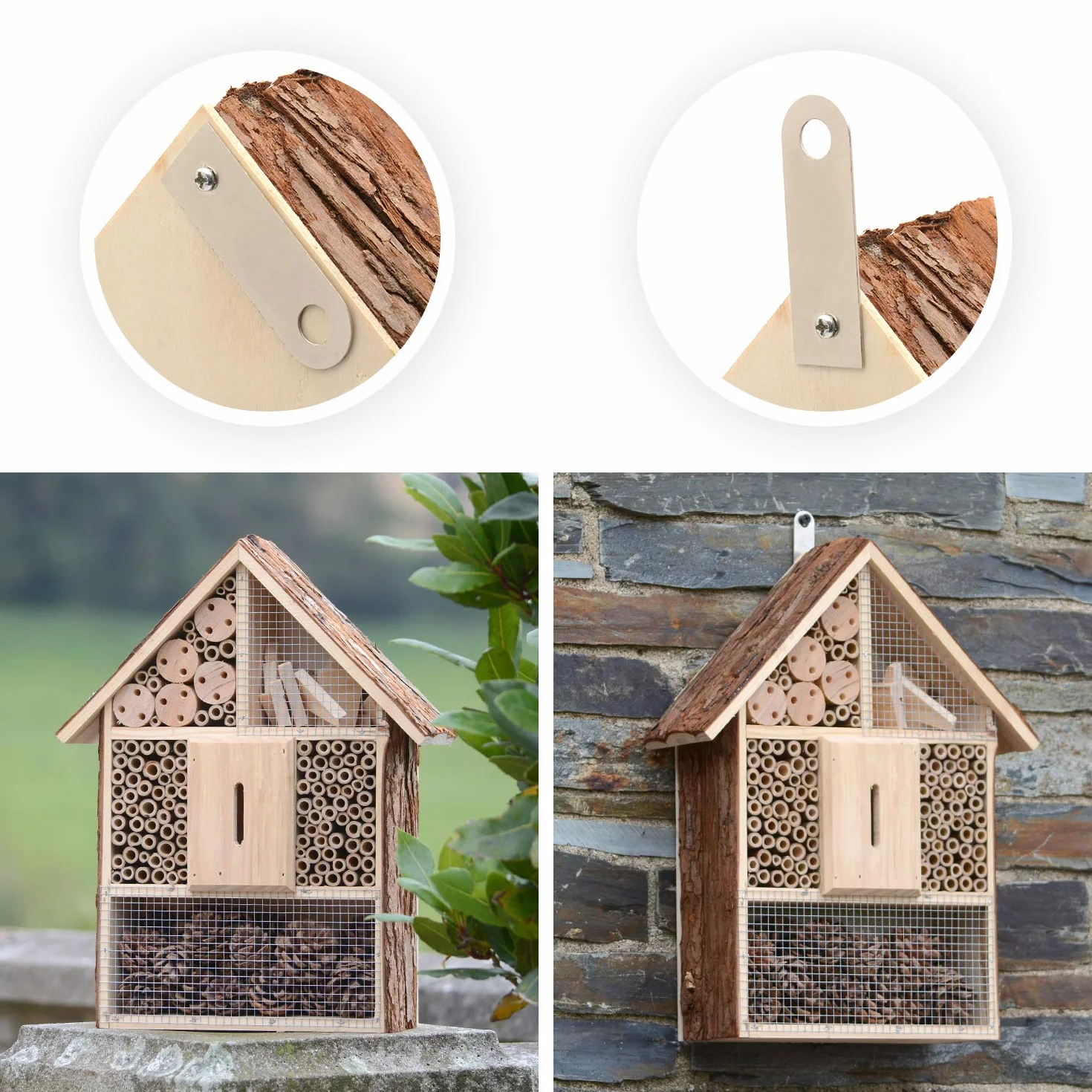 CKB LTD Grand hôtel en bois naturel pour abeilles, coccinelles, papillons, abri extérieur en bois nid de jardin - 30 x 10 x 39 cm