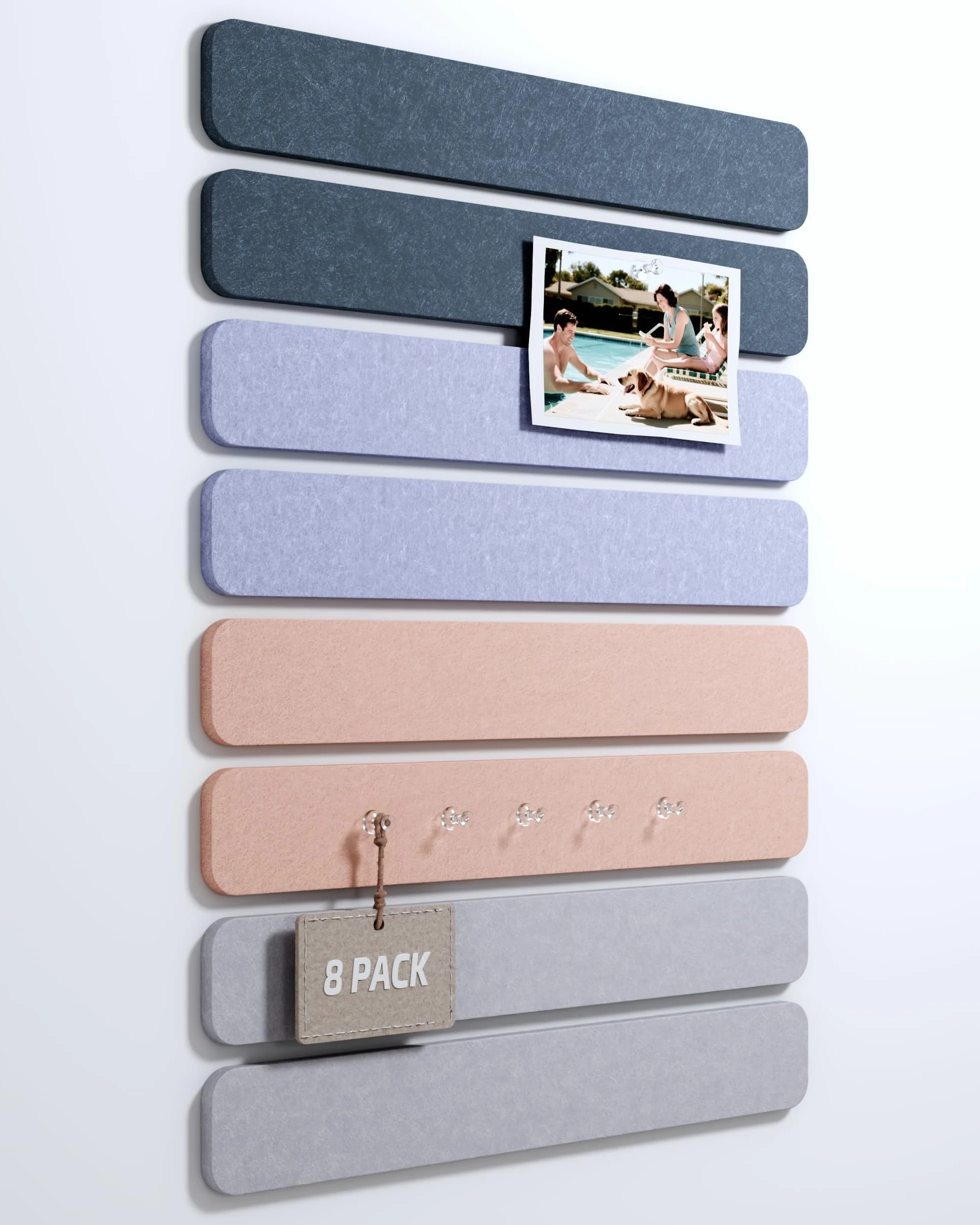Tableau Feutrine pour Bureau 33x5 cm, Lot de 8 Panneaux Muraux Feutre Autocollante avec 30 Punaises, Gris chiné