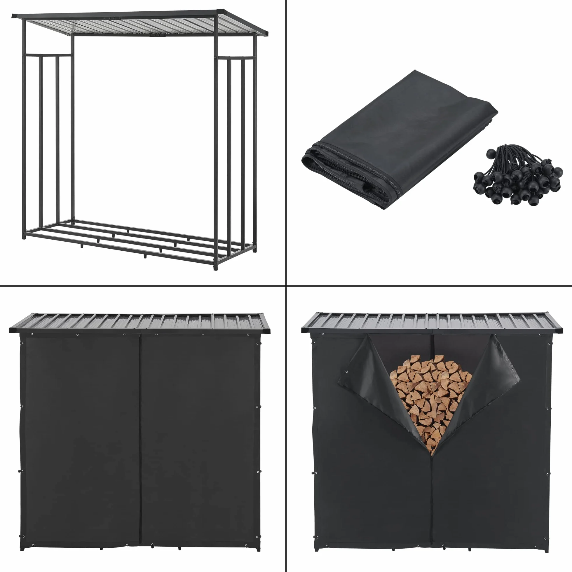Abri-Bûches Couvert avec Housse de Protection Support Bois de Chauffage Acier Galvanisé Laqué Noir