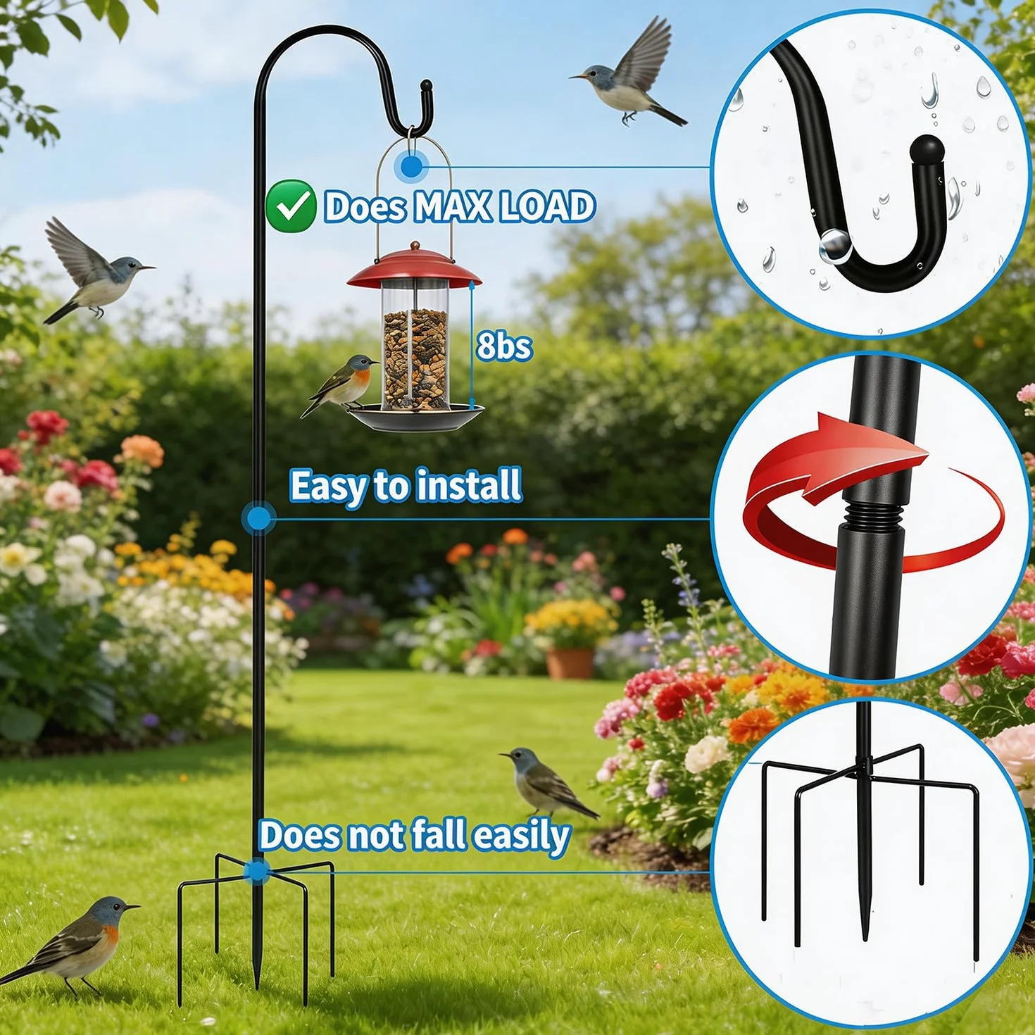 Crochets De Berger Pour Jardin 152cm 5 Brochs Métal Mangeoire Oiseaux Exterieur