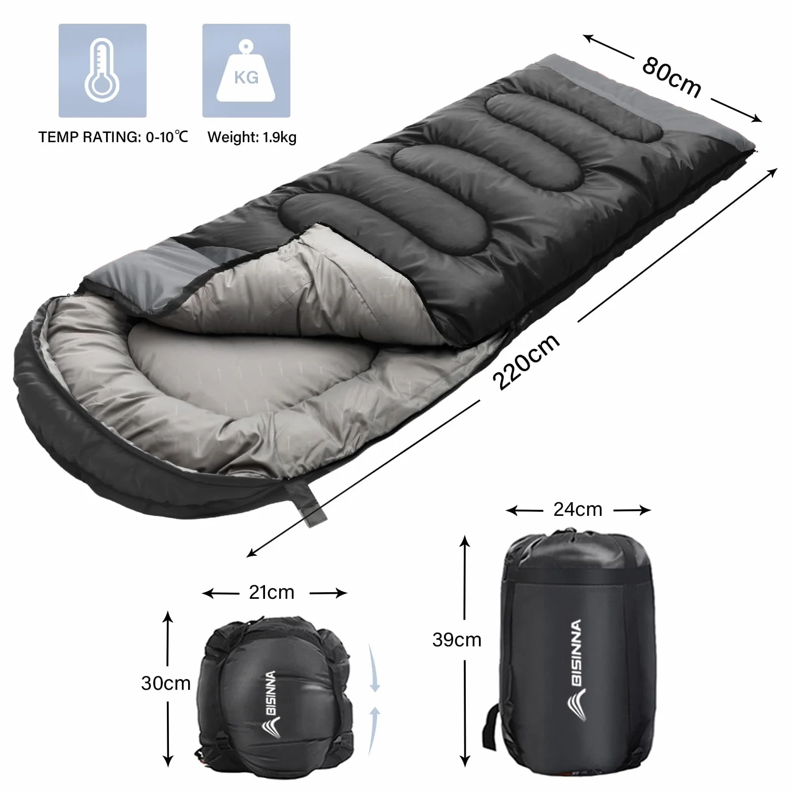 BISINNA Sac de Couchage Chaud Léger 4 Saisons Imperméable avec Oreiller et Sac de Compression pour Camping