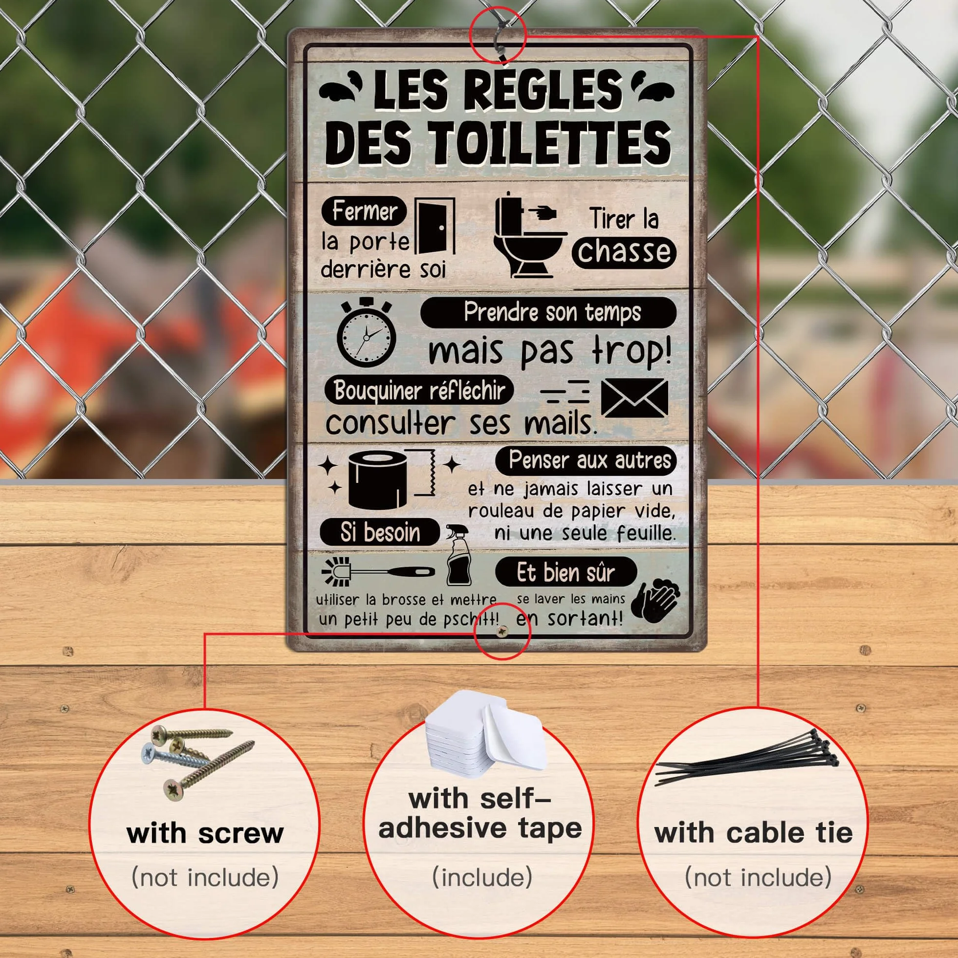 Plaque Métallique "Les Règles des Toilettes" avec Design Humoristique - Décoration Murale WC Salle de Bain 20x30 cm