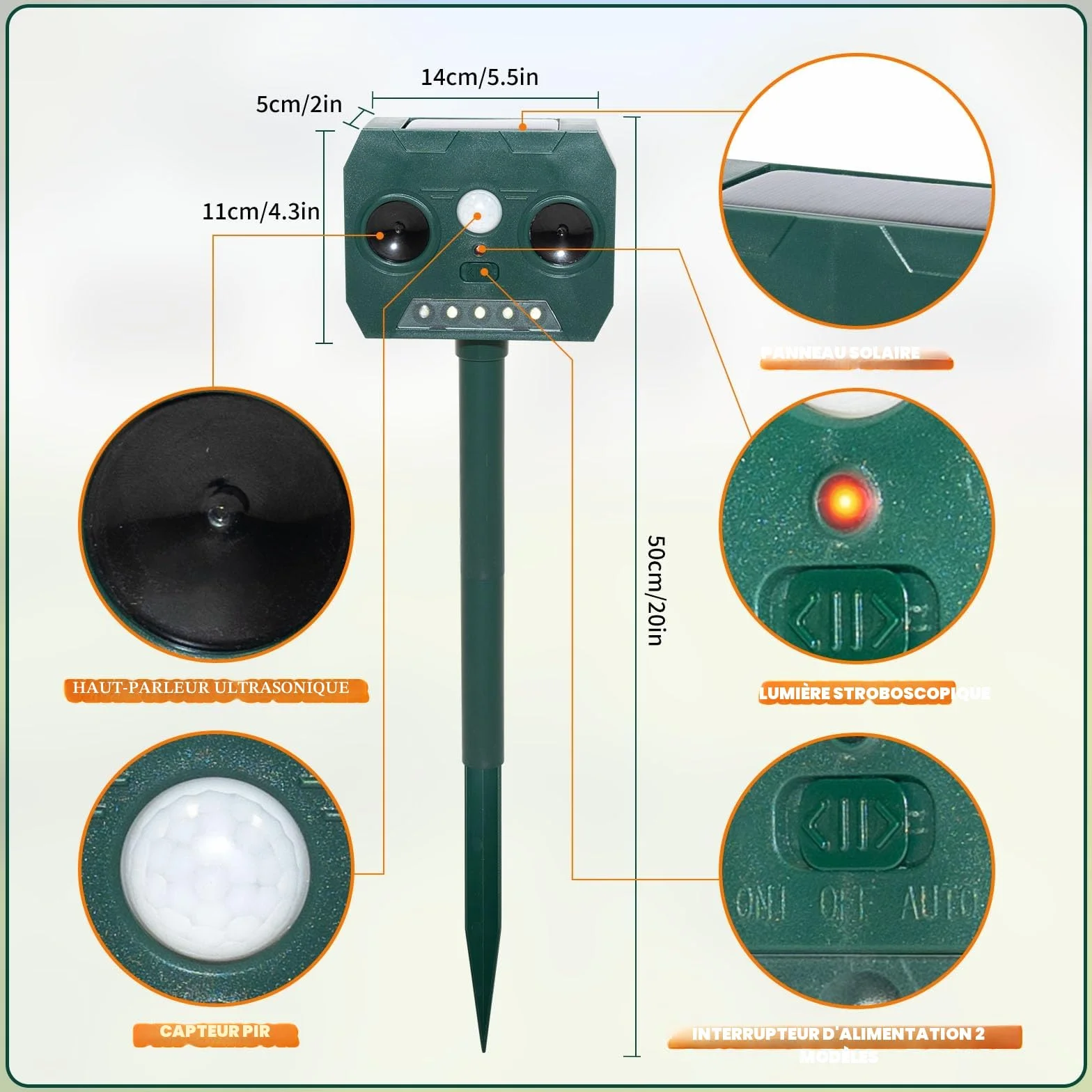 Repulsif Chat Exterieur Ultrason Solaire Impermeable IP45 12m 120° Effaroucheur Animaux Jardin LED