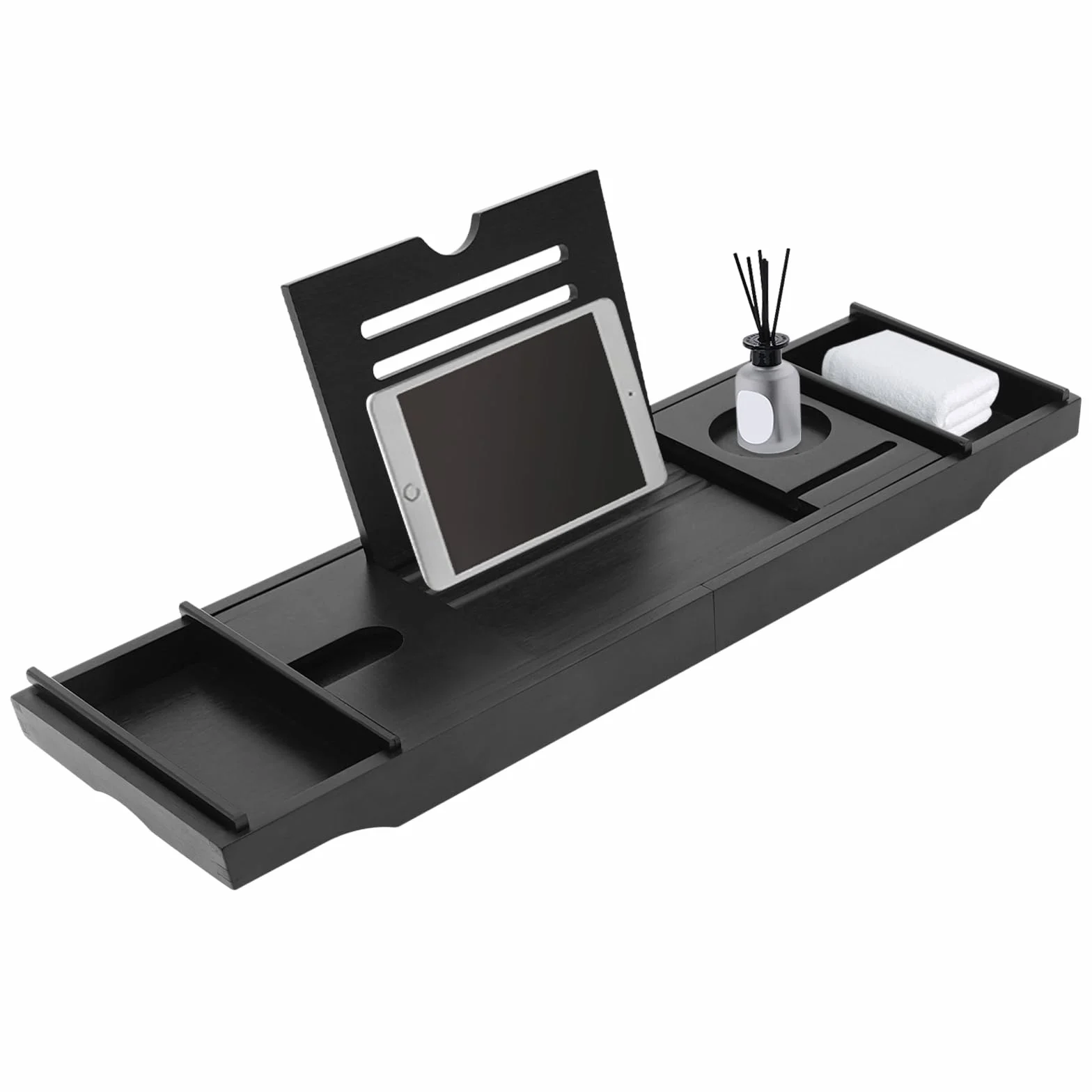 Bambou Plateau de baignoire extensible 75-111 cm noir avec porte-gobelet support tablette réglable