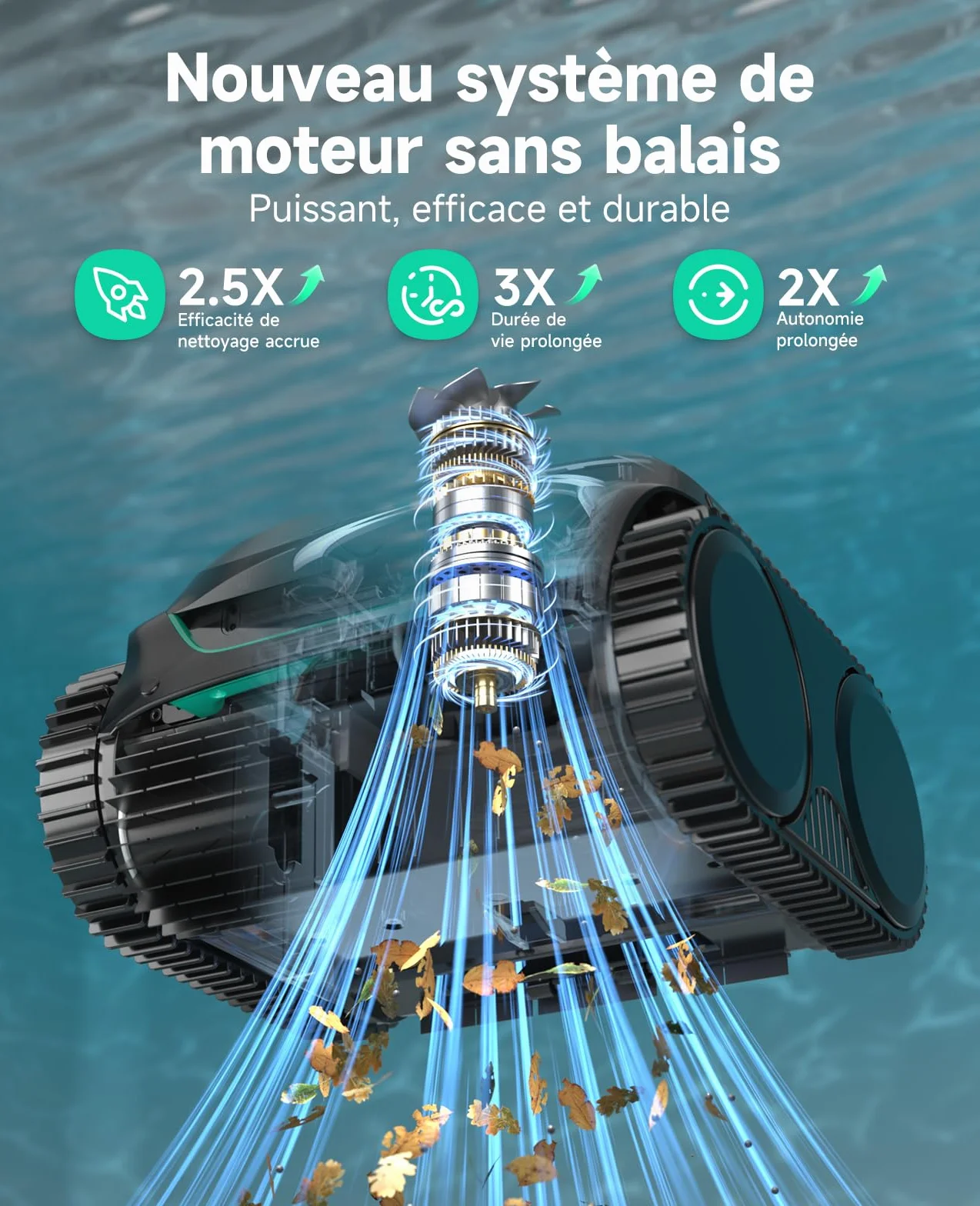 WYBOT C2 Robot Piscine sans Fil, Double Filtration, 3 Moteurs, Aspiration Puissante, 180 Min, pour Piscines Enterrées 150㎡