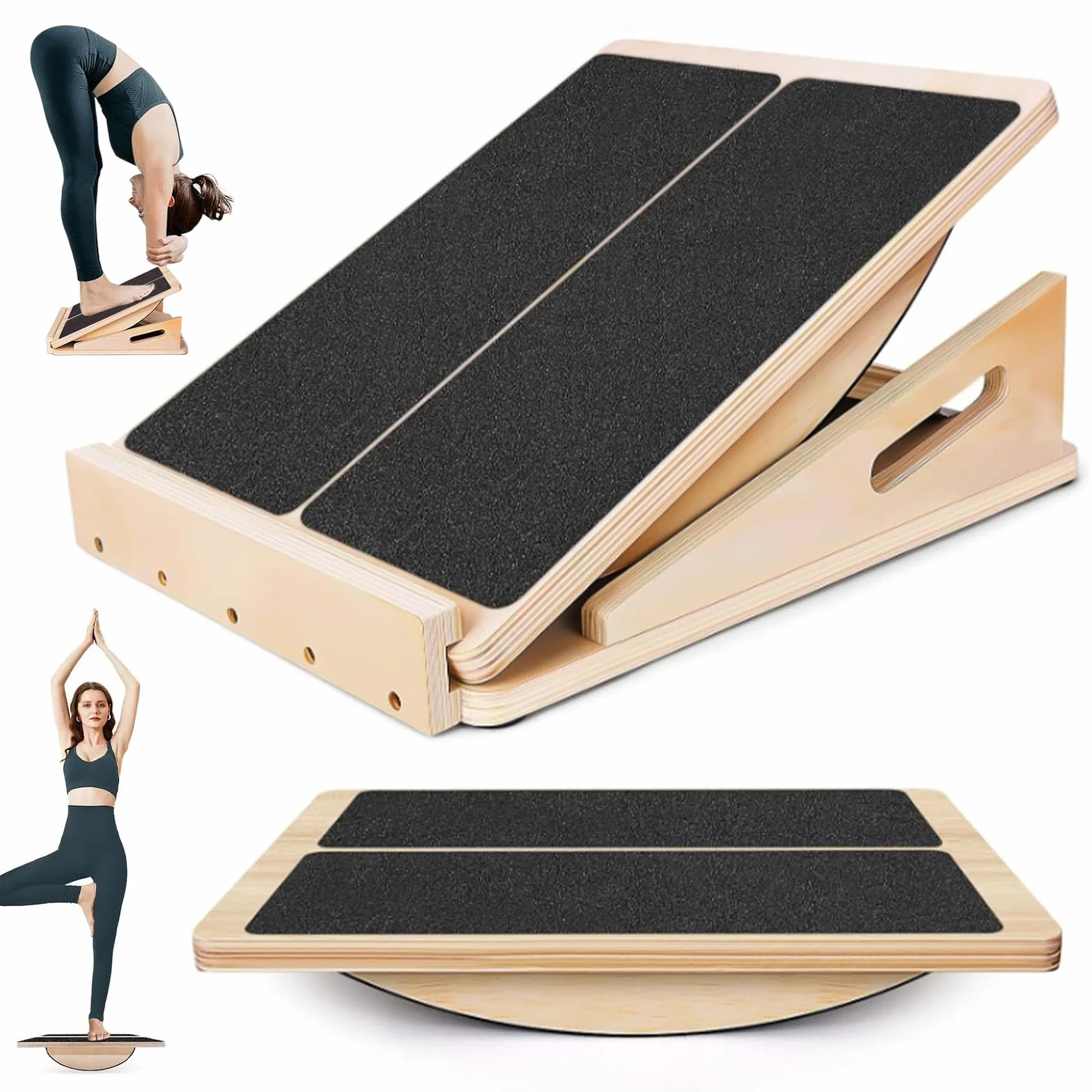 W&H Planche inclinée 2 en 1 et planche d'équilibre pour adultes, planche d'inclinaison réglable et étirement du mollet, planche slant pour genoux, mollets, chevilles, talons, poignée latérale