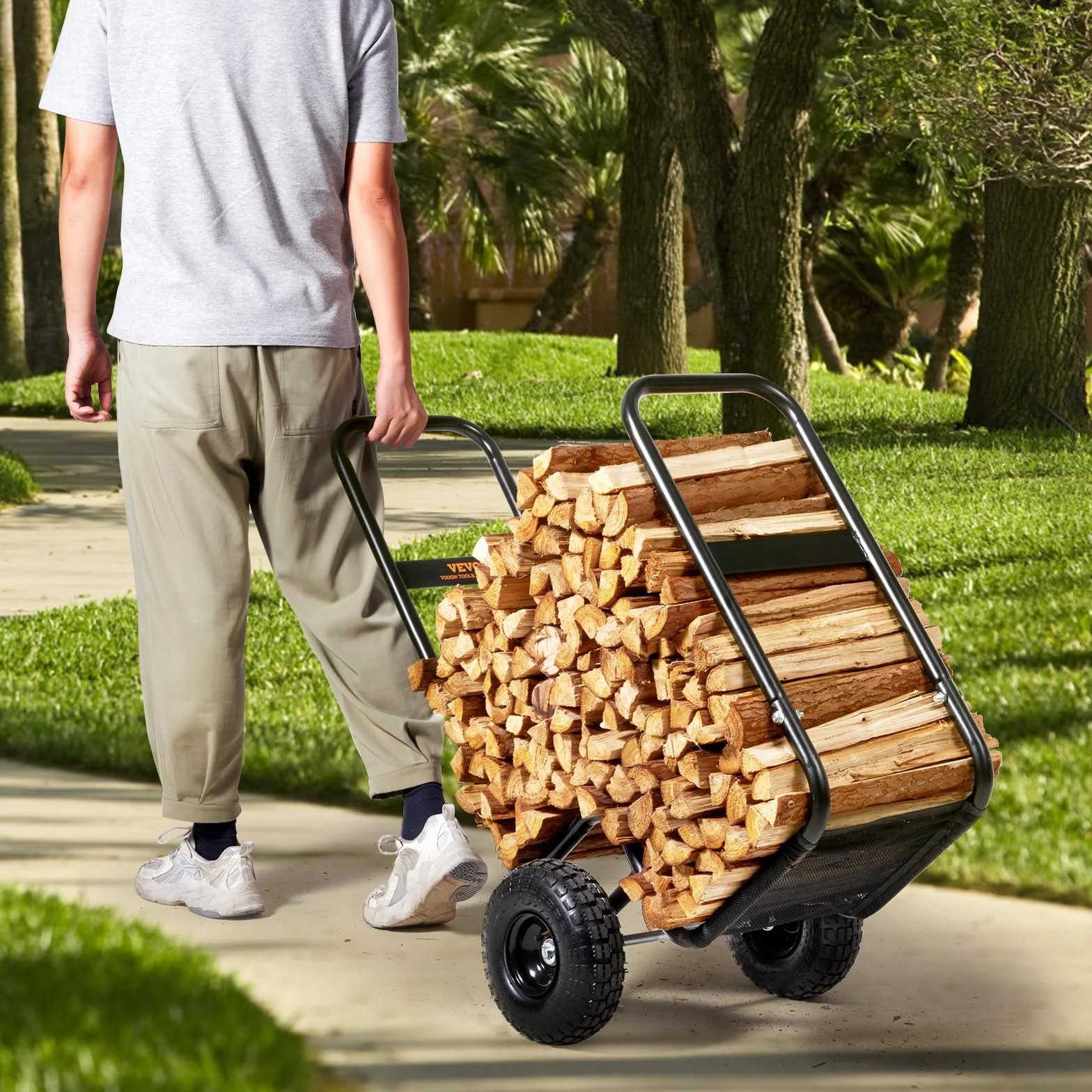VEVOR Chariot Transport Bois de Chauffage 113,4 kg Acier 67x52x110 cm Roues Gonflables Caoutchouc Noir