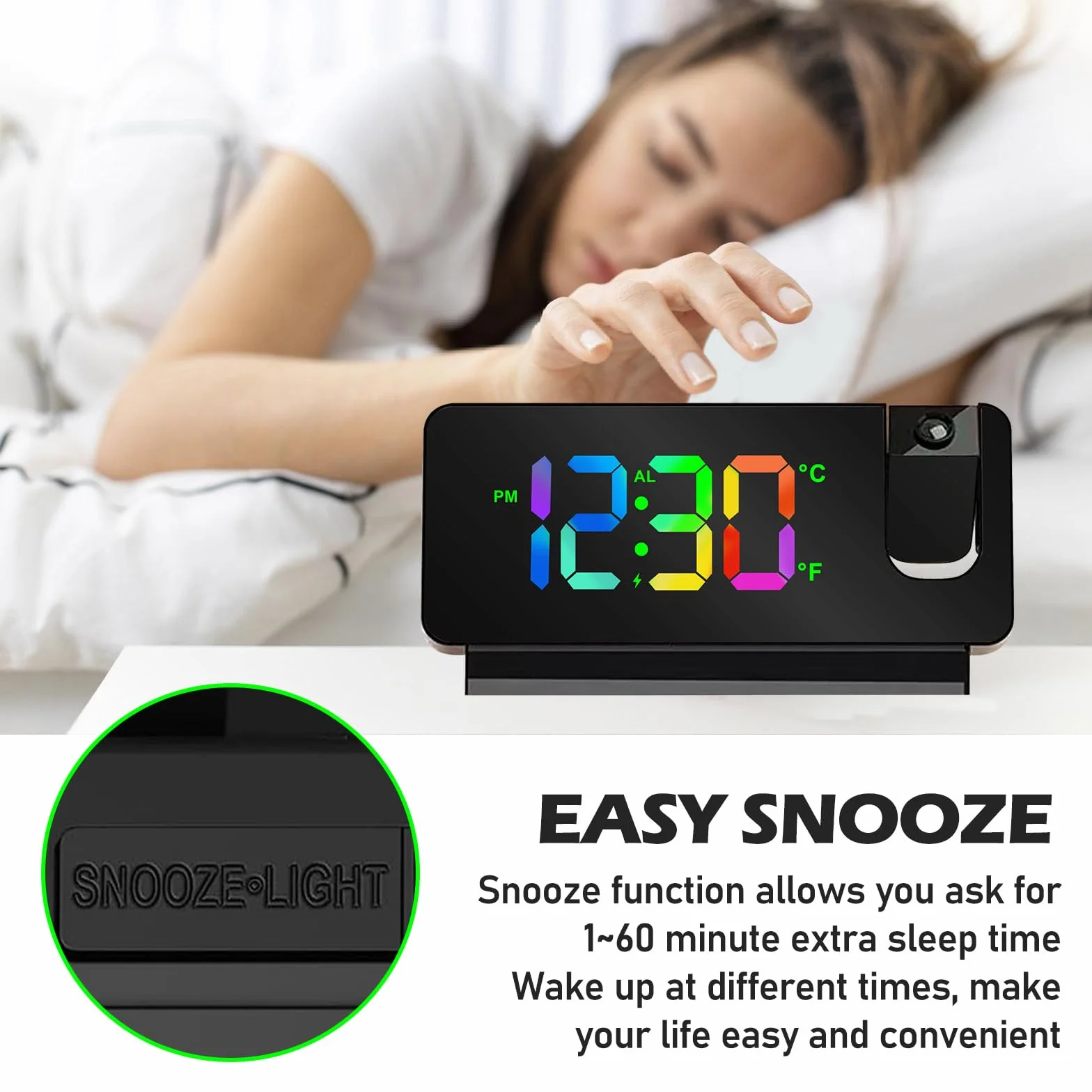 Réveil Projecteur Plafond Numérique LED 180° avec Snooze Température USB