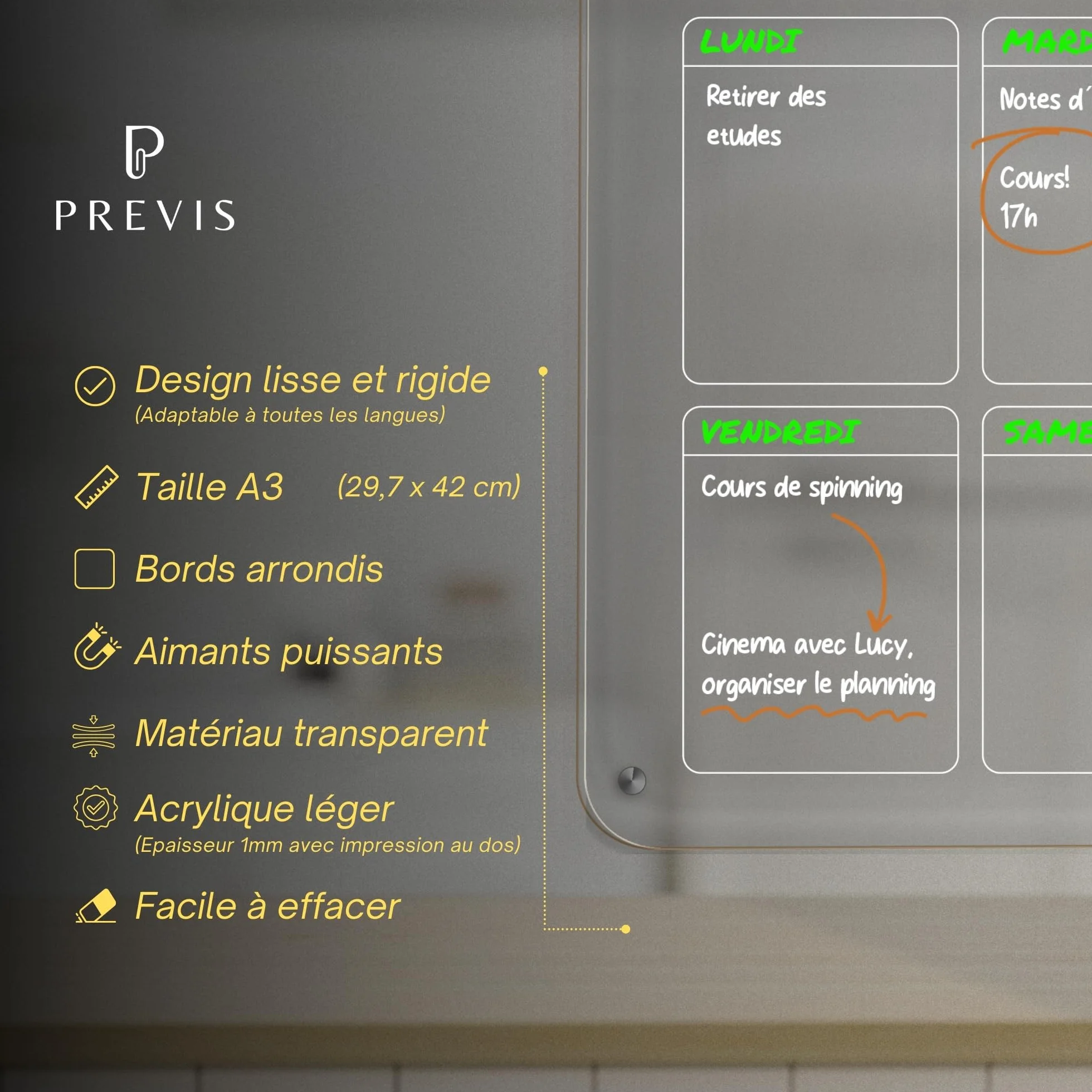 PREVIS BRAND Planning Frigo Magnetique Hebdomadaire Plexiglass Transparent A3 (30x40cm) avec 4 Marqueurs - Tableau Planner Frigo Acrylique