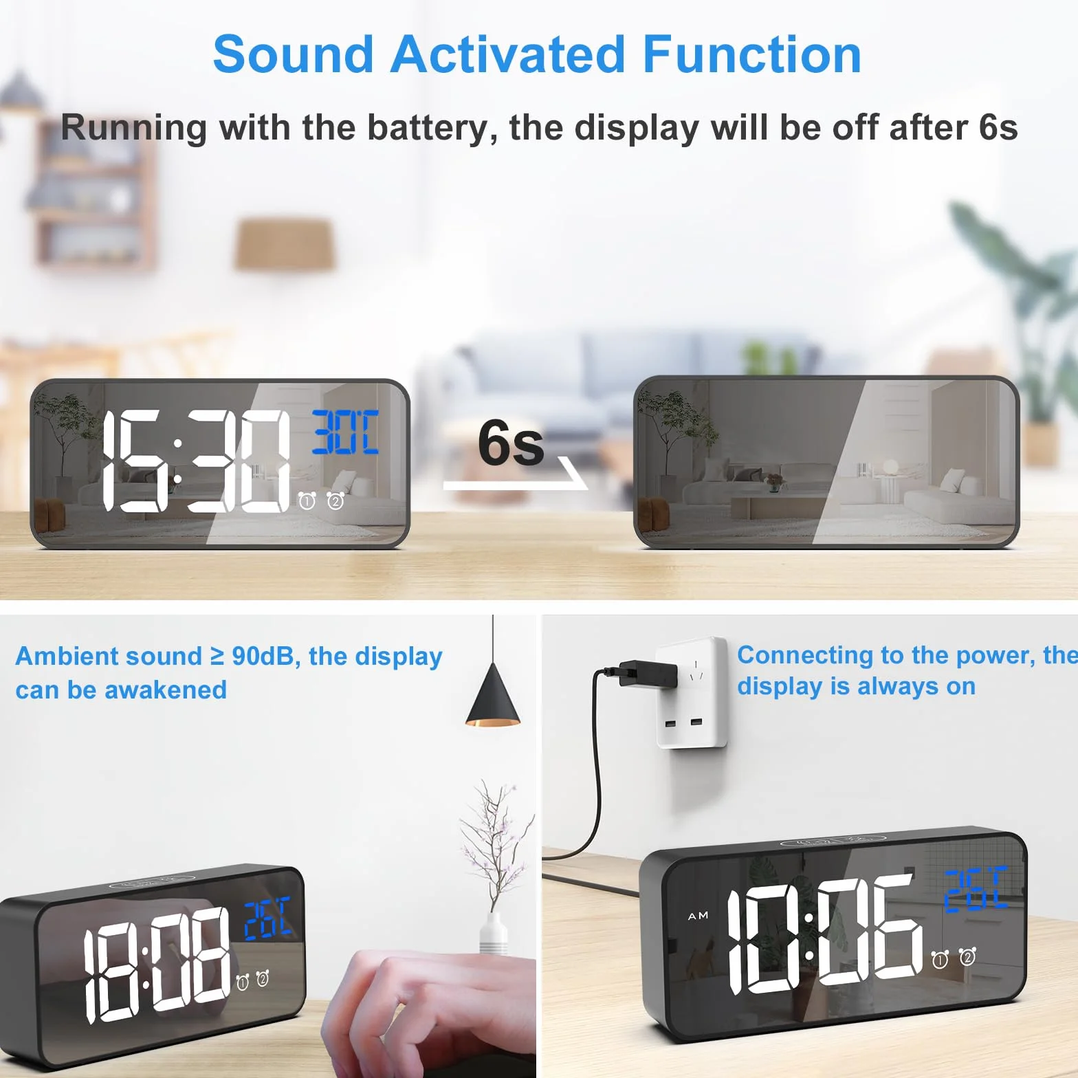 CHEREEKI Réveil Numérique LED avec Température, Snooze, 2 Alarmes, 12/24H, USB