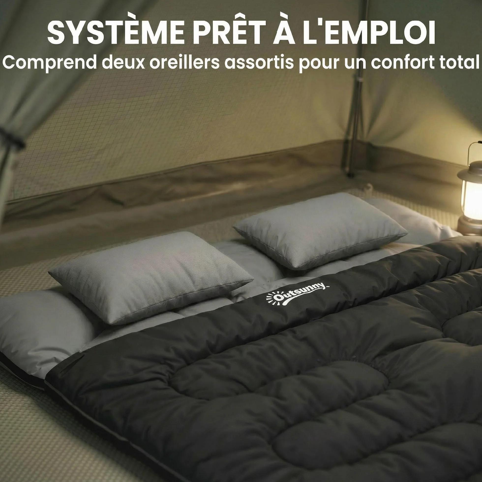 Outsunny Sac de Couchage Double Adulte Modulable 2 Oreillers Coton Creux 400 g/m² Camping Randonnée Noir
