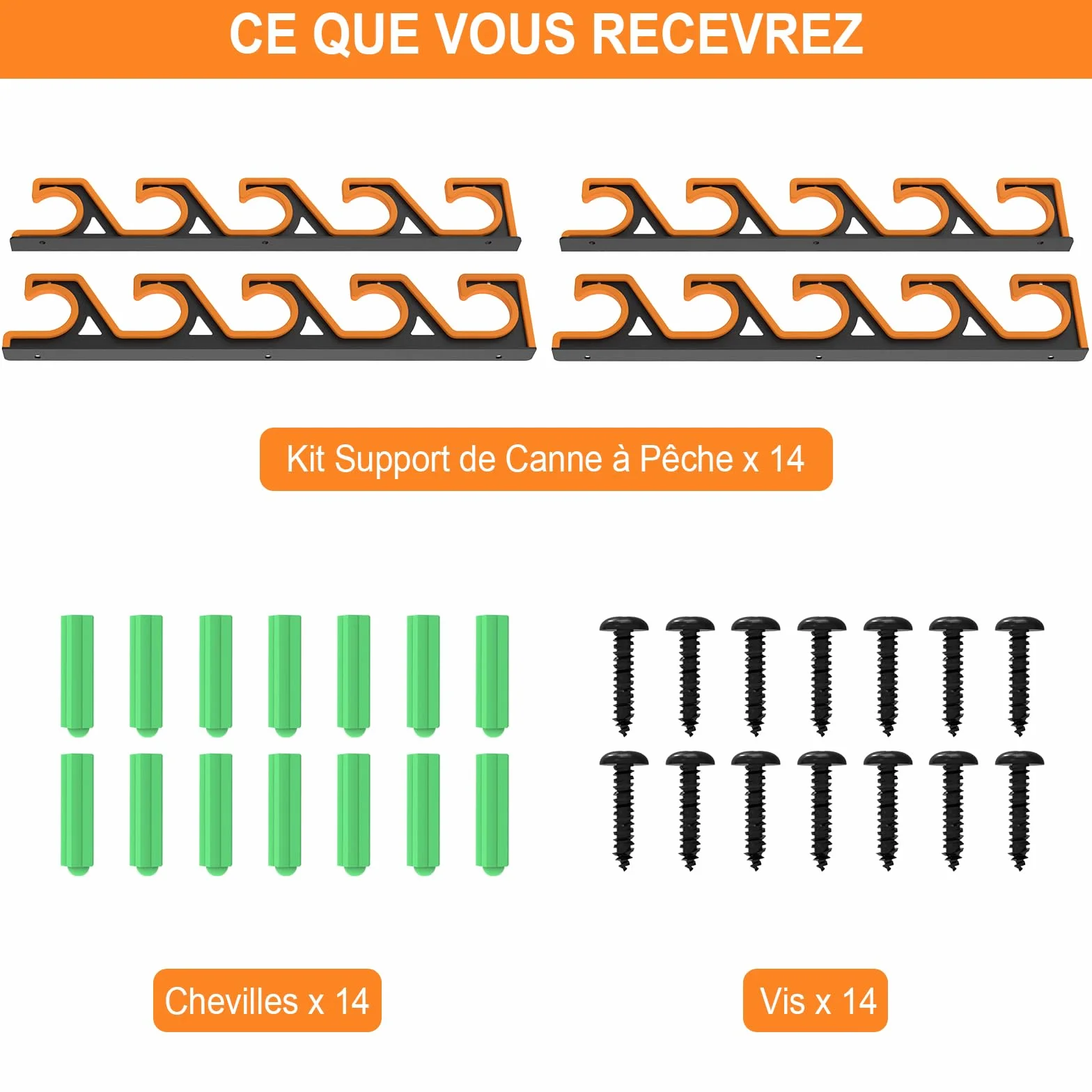 Support Canne a Peche Mural 2 Pièces, Rangement Horizontal pour 10 Cannes avec Protection PU Souple, Noir/Jaune