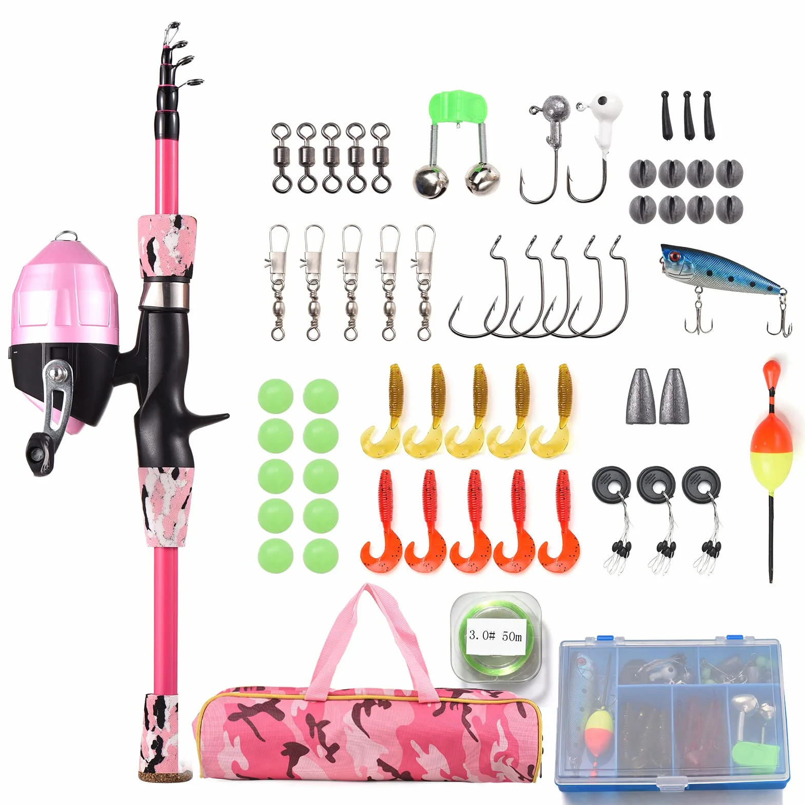 Lixada Kit de pêche pour enfants, canne télescopique 1,2 m/1,5 m/1,8 m, avec moulinet et appât