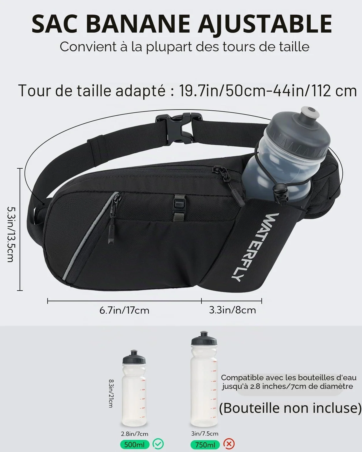 Waterfly Sac Banane Homme Femme: Ceinture de Course avec Porte Bouteille Unisexe Bumbag avec 5 Poches Petite Sacoche Banane de Sport pour Randonnée Cyclisme Balade Ville Vacances Noir