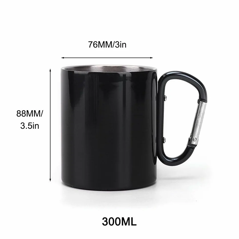 MiOYOOW Tasse à mousqueton en acier inoxydable, tasse de camping à double paroi, tasse portable en métal avec poignée à mousqueton pour camping, voyage en plein air, 300 ml